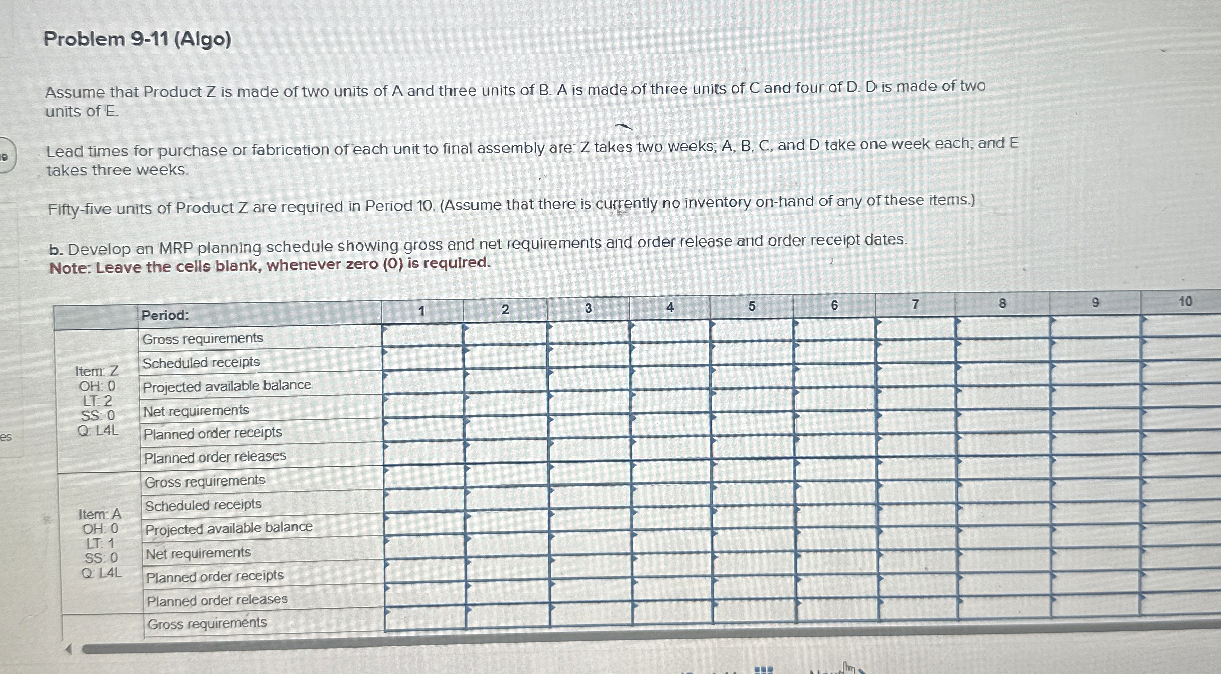  Problem 9-11(Algo) Assume that Product Z is made of two units