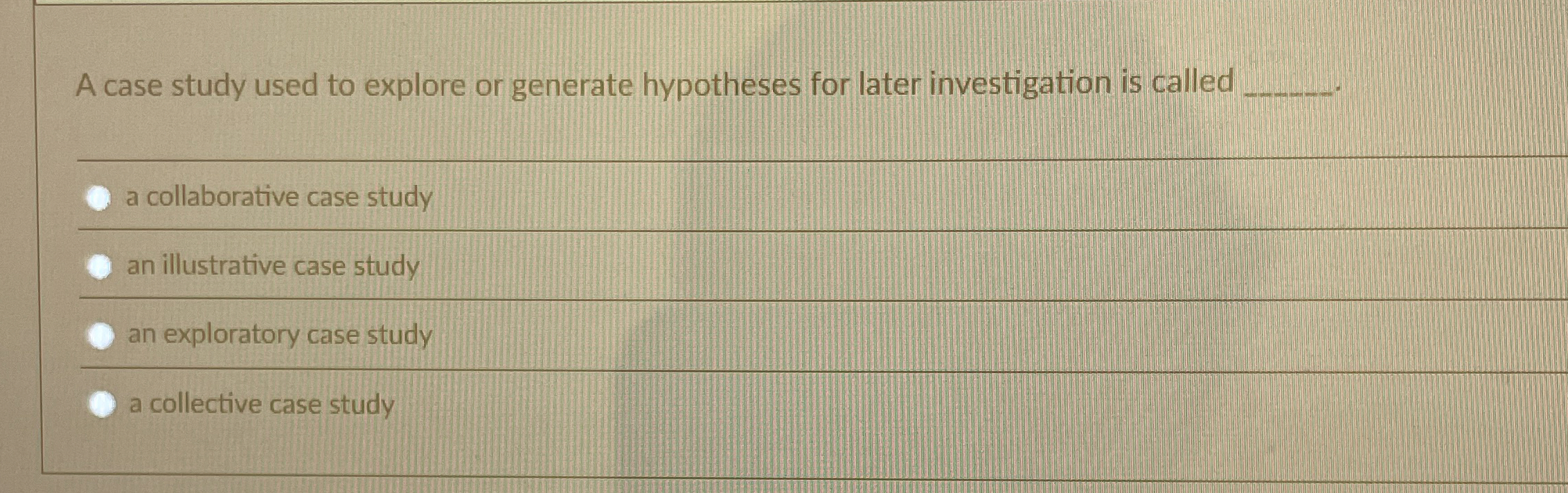  A case study used to explore or generate hypotheses for later