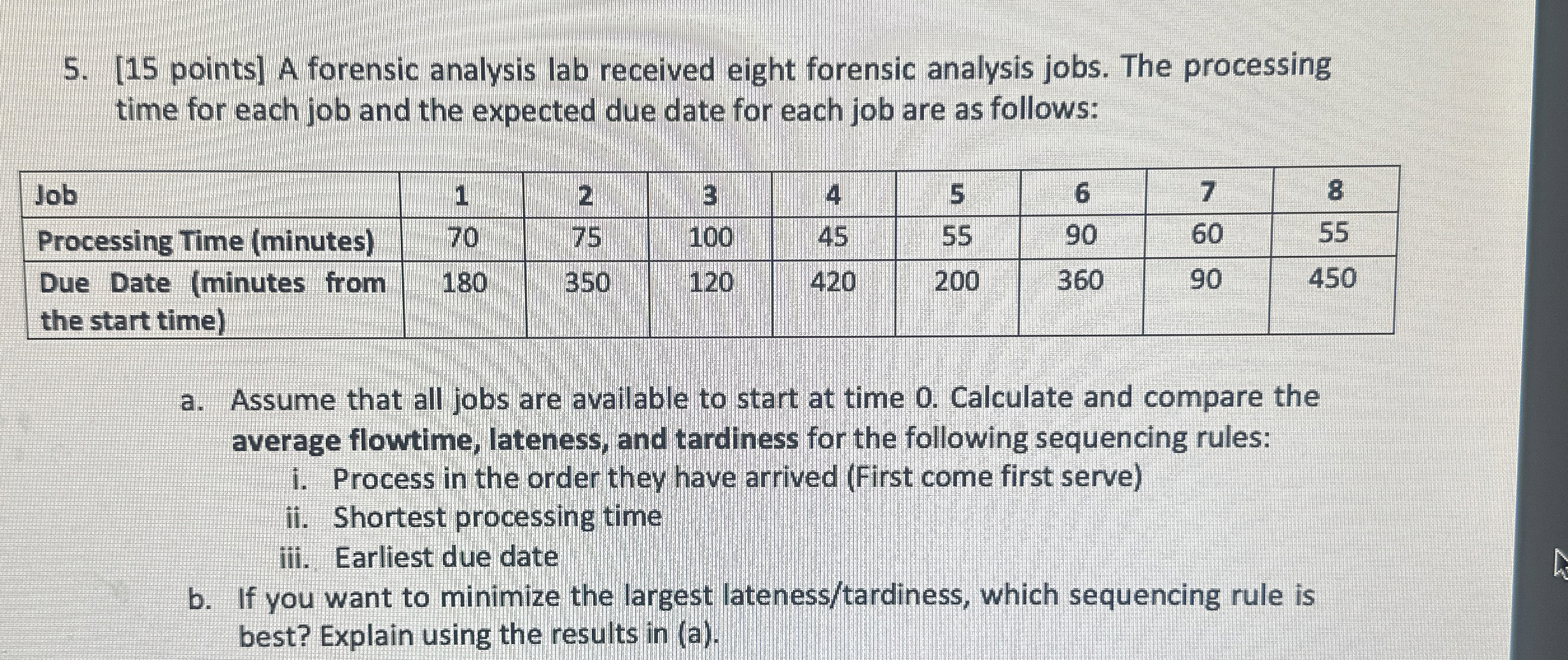  [15 points] A forensic analysis lab received eight forensic analysis jobs.