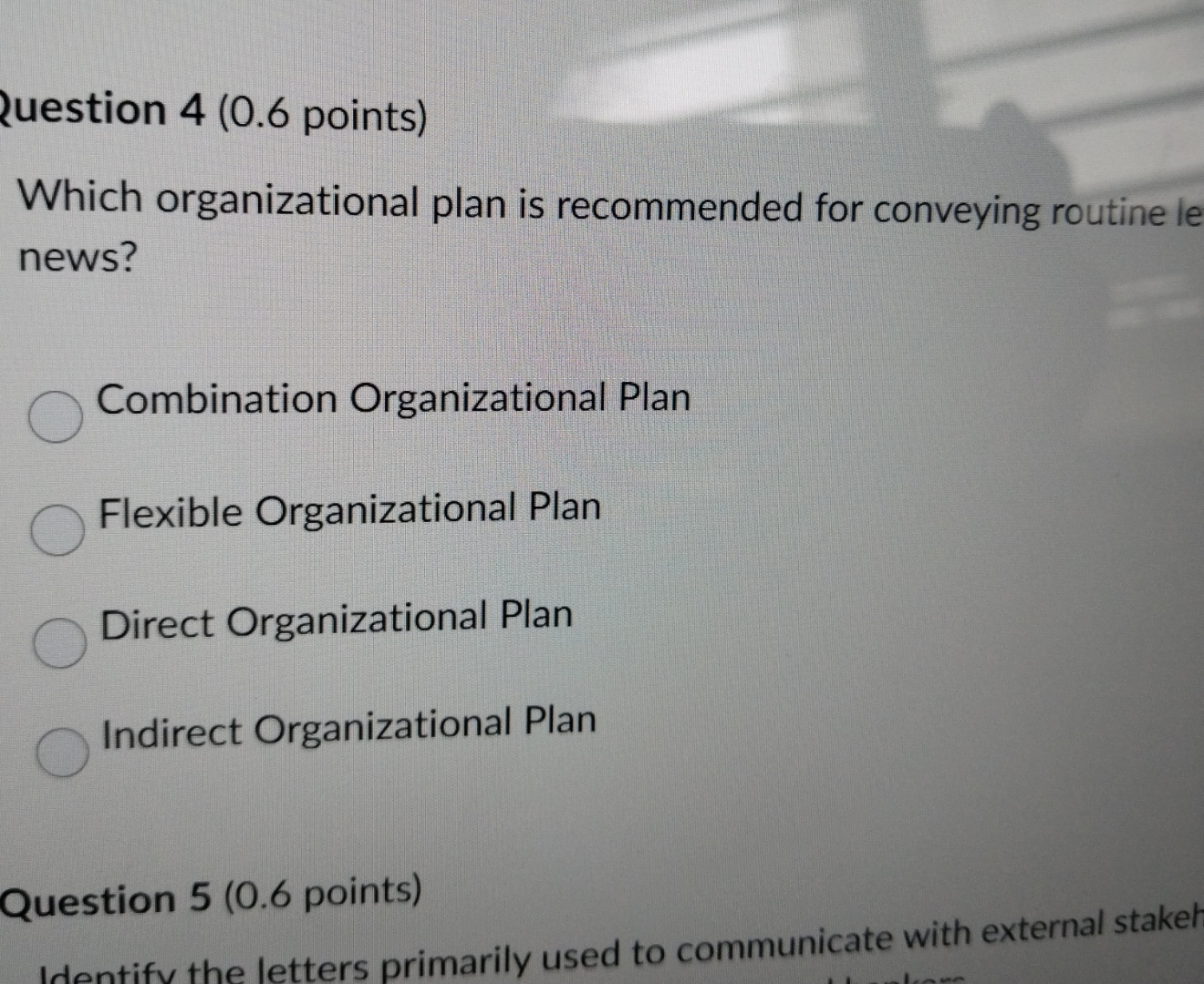 2uestion 4(0.6 points) Which organizational plan is recommended for conveying routine