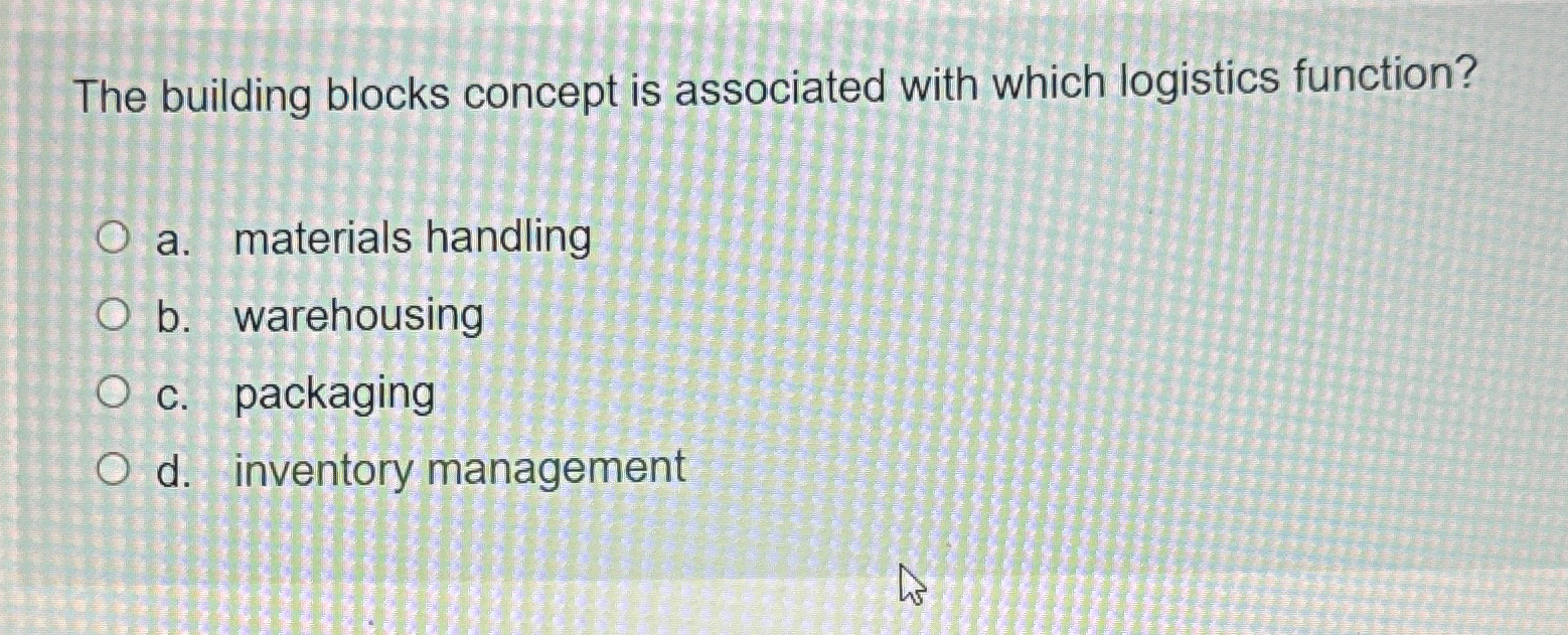  The building blocks concept is associated with which logistics function? a.