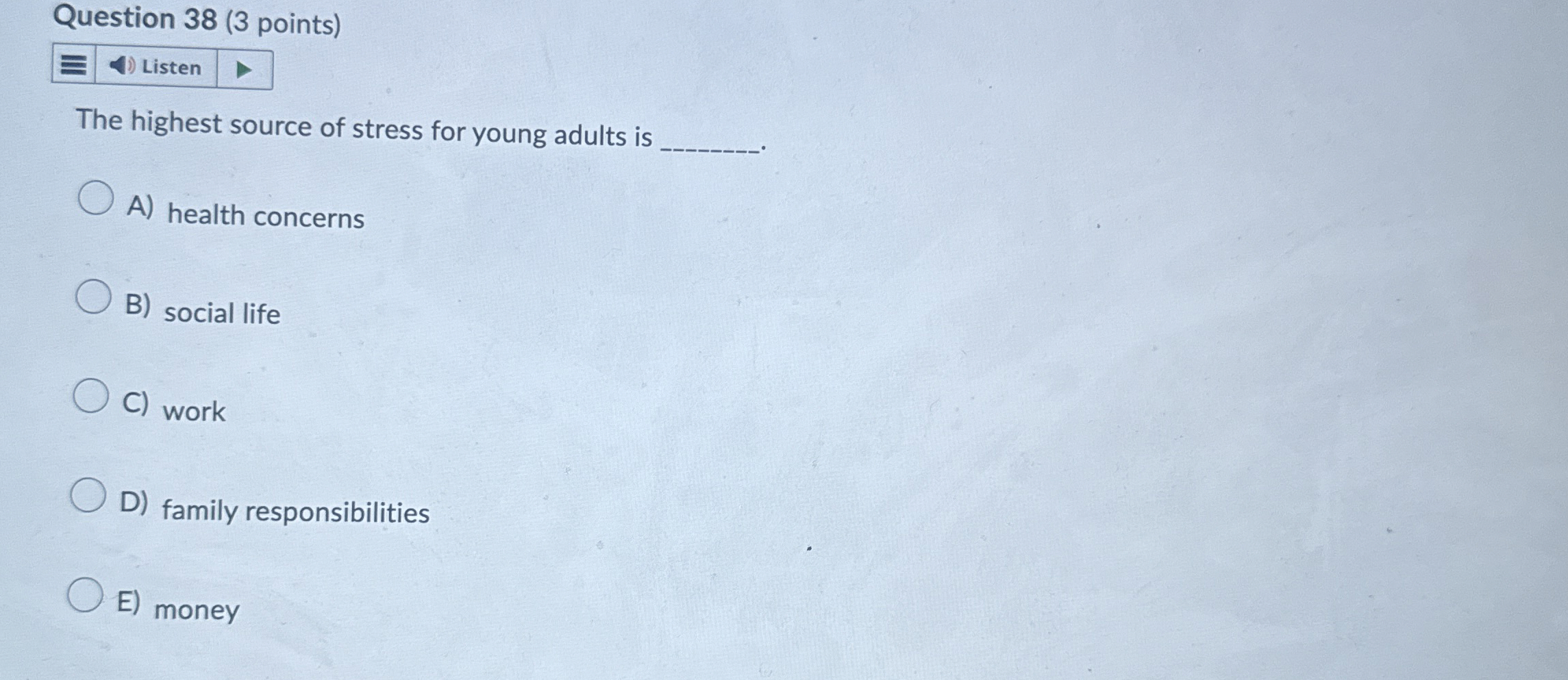  Question 38(3 points) The highest source of stress for young adults