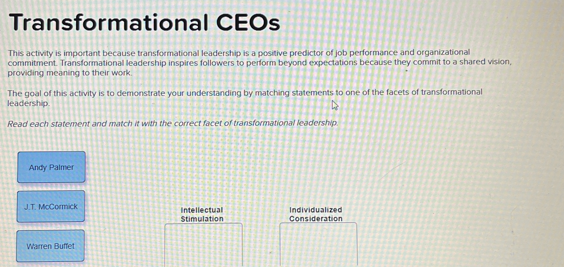  Transformational CEOs This activity is important because transformational leadership is a