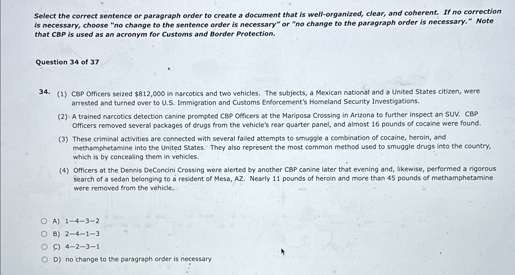  Select the correct sentence or paragraph order to create a document