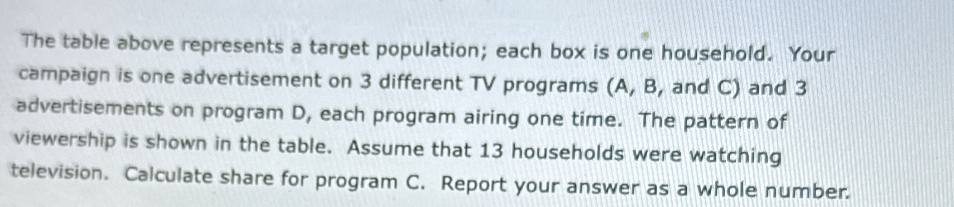  The table above represents a target population; each box is one
