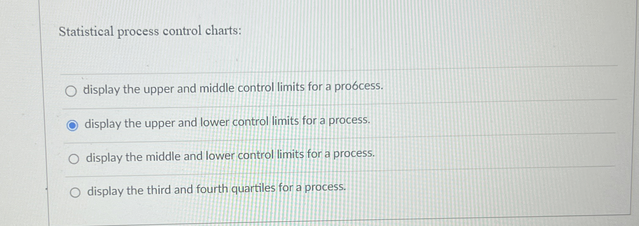  Statistical process control charts: display the upper and middle control limits