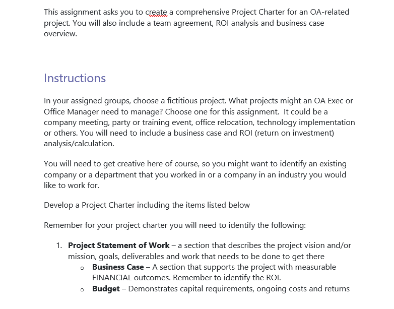  This assignment asks you to create a comprehensive Project Charter for