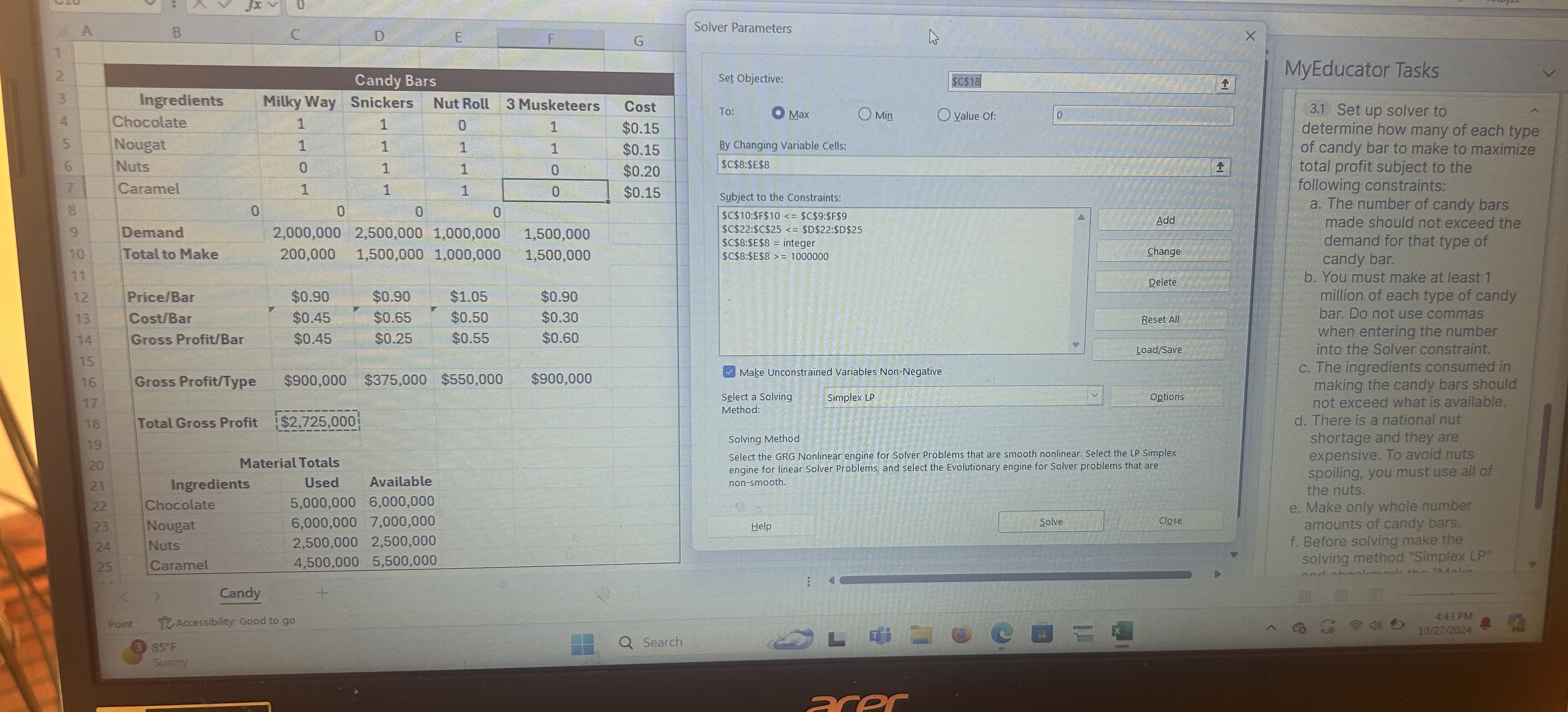  MyEducator Tasks 2.1 Set up solver to determine how many of