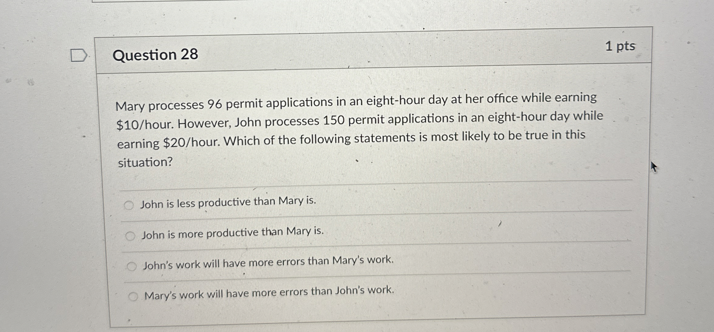  Question 28 1 pts Mary processes 96 permit applications in an