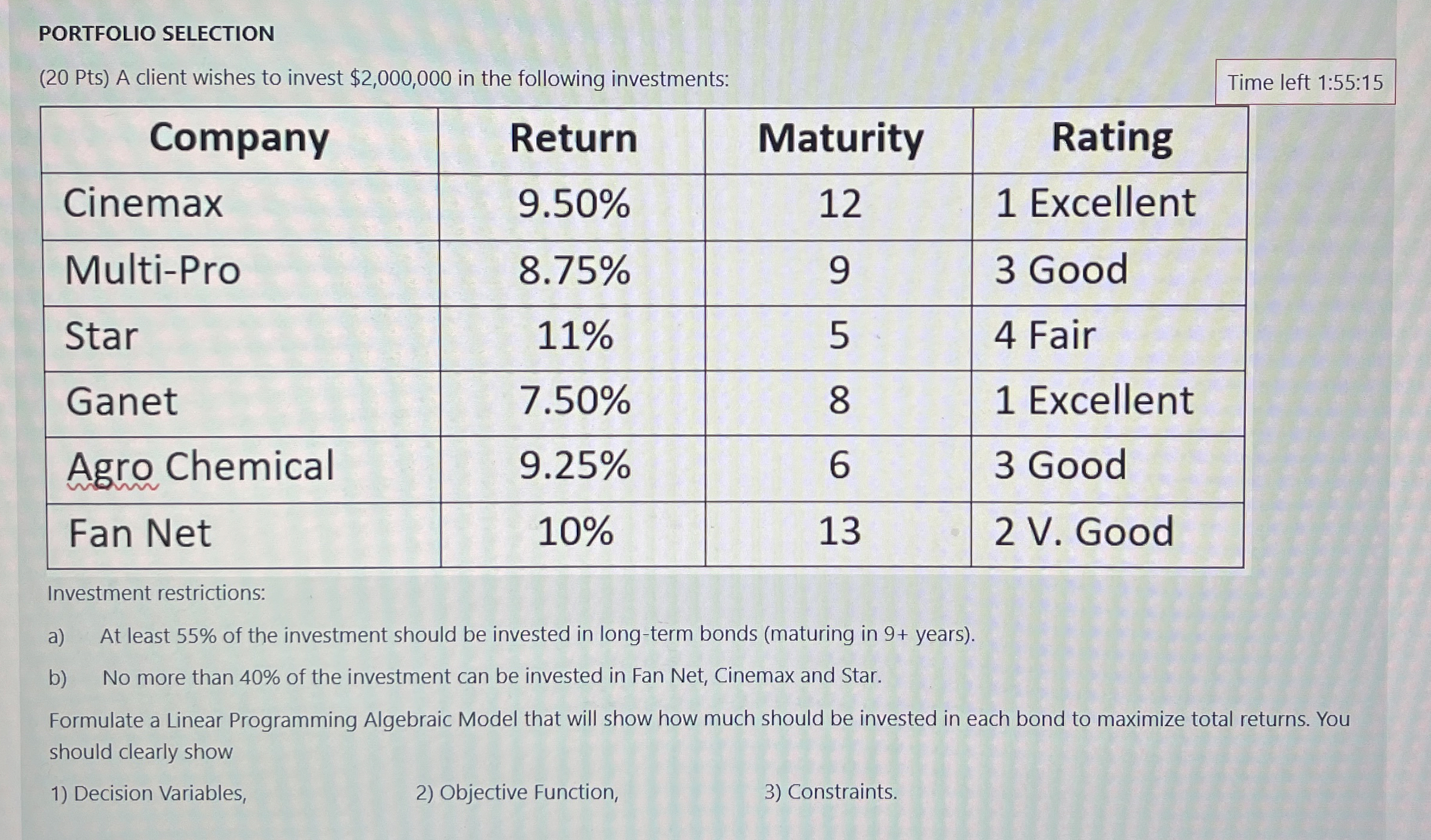  PORTFOLIO SELECTION (20 Pts) A client wishes to invest $2,000,000 in