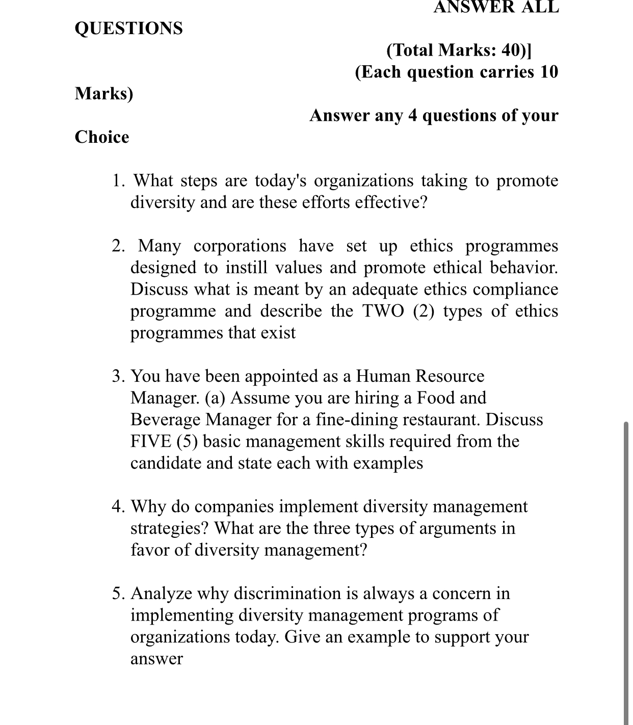  QUESTIONS ANSWER ALL (Total Marks: 40)] (Each question carries 10 Marks)