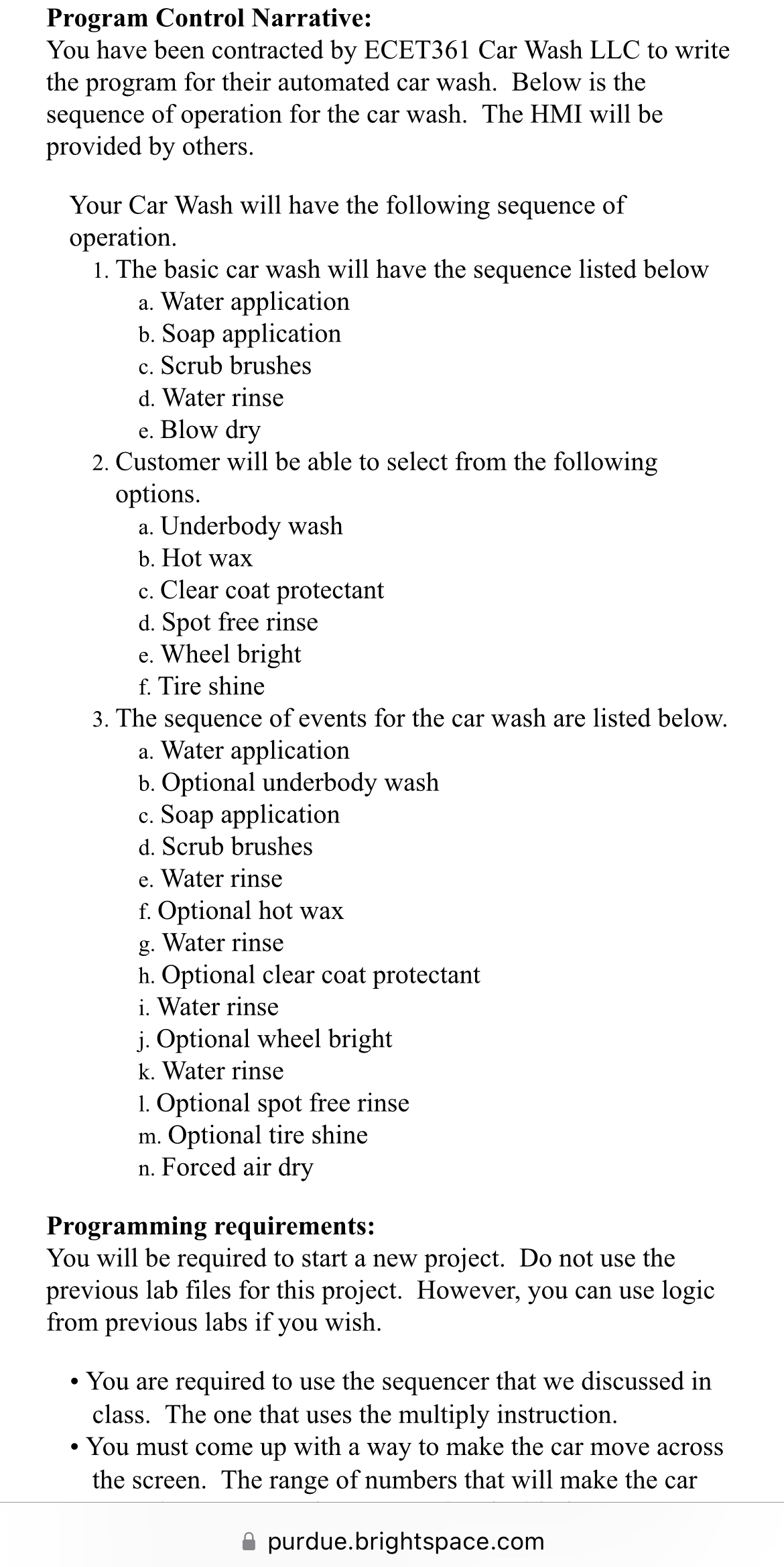  Program Control Narrative: You have been contracted by ECET361 Car Wash