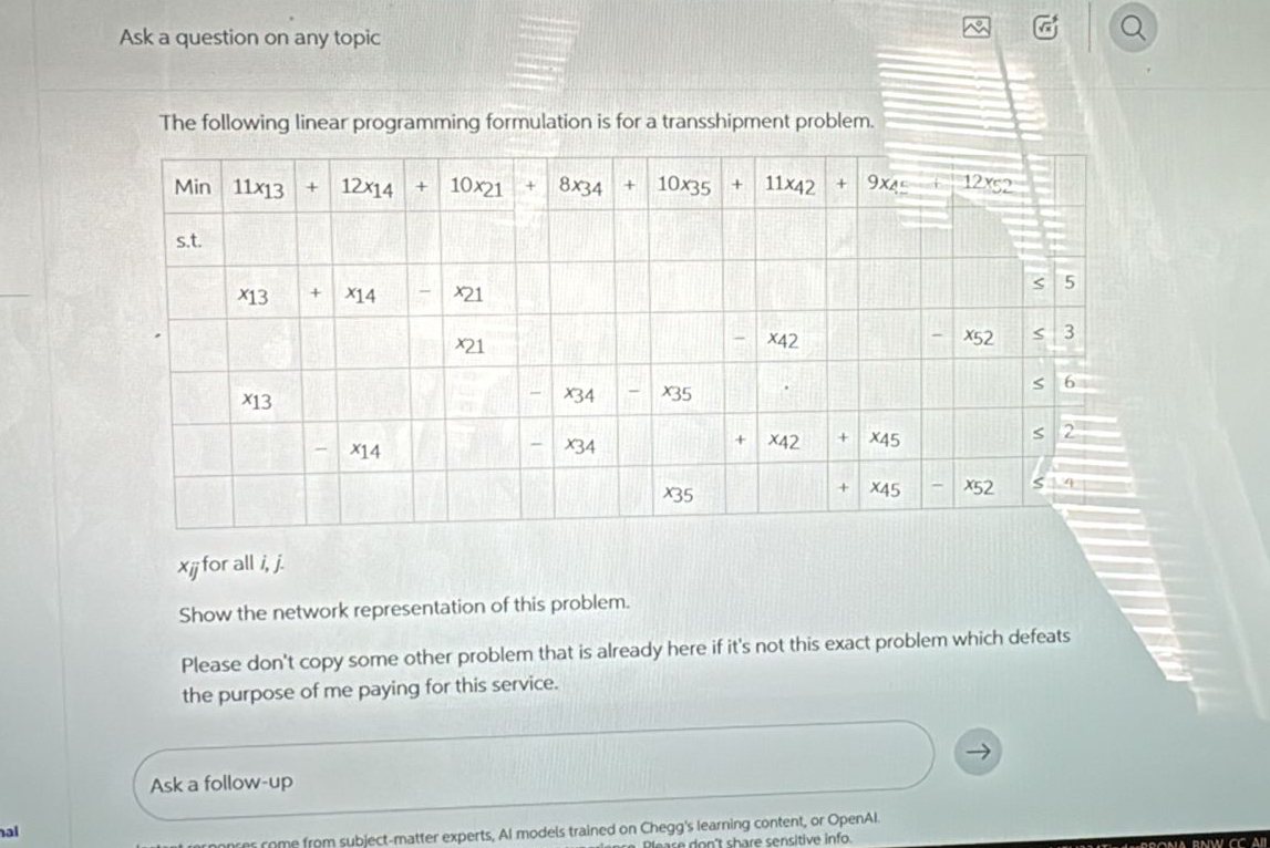  Ask a question on any topic The following linear programming formulation