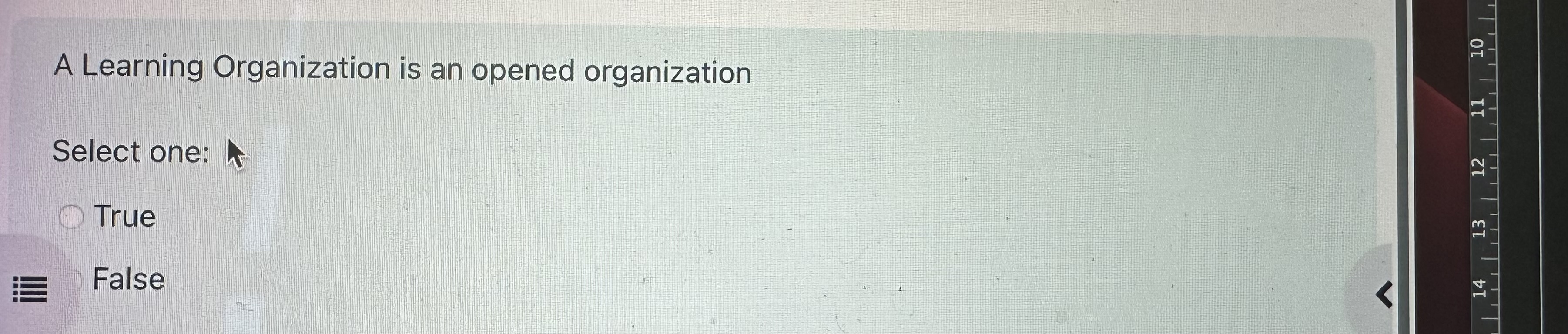  A Learning Organization is an opened organization Select one: True False