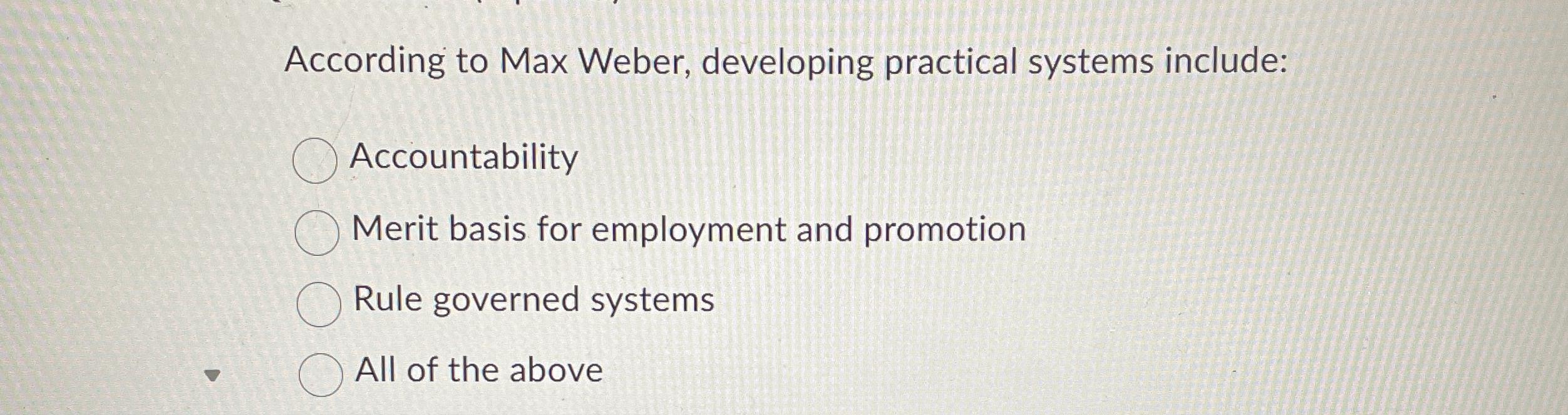  According to Max Weber, developing practical systems include: Accountability Merit basis