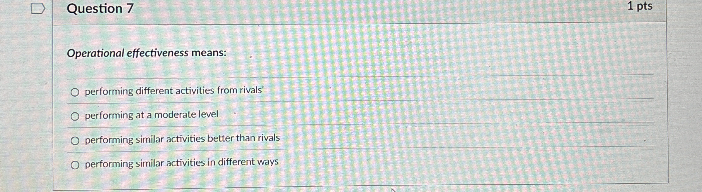 Question 7 1 pts Operational effectiveness means: performing different activities from