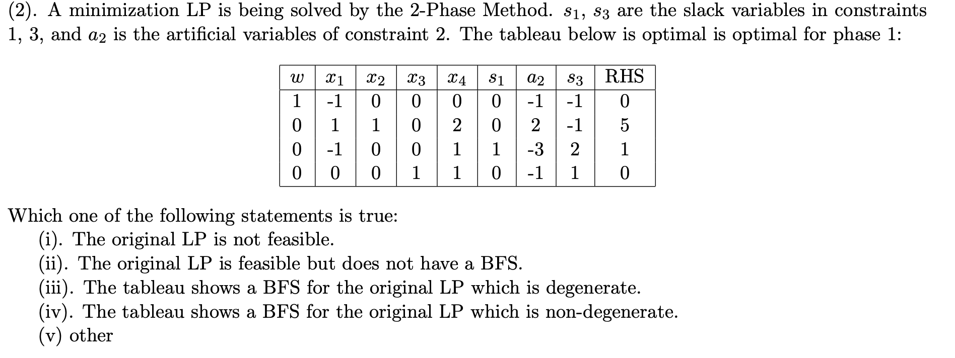  (2). A minimization LP is being solved by the 2-Phase Method.