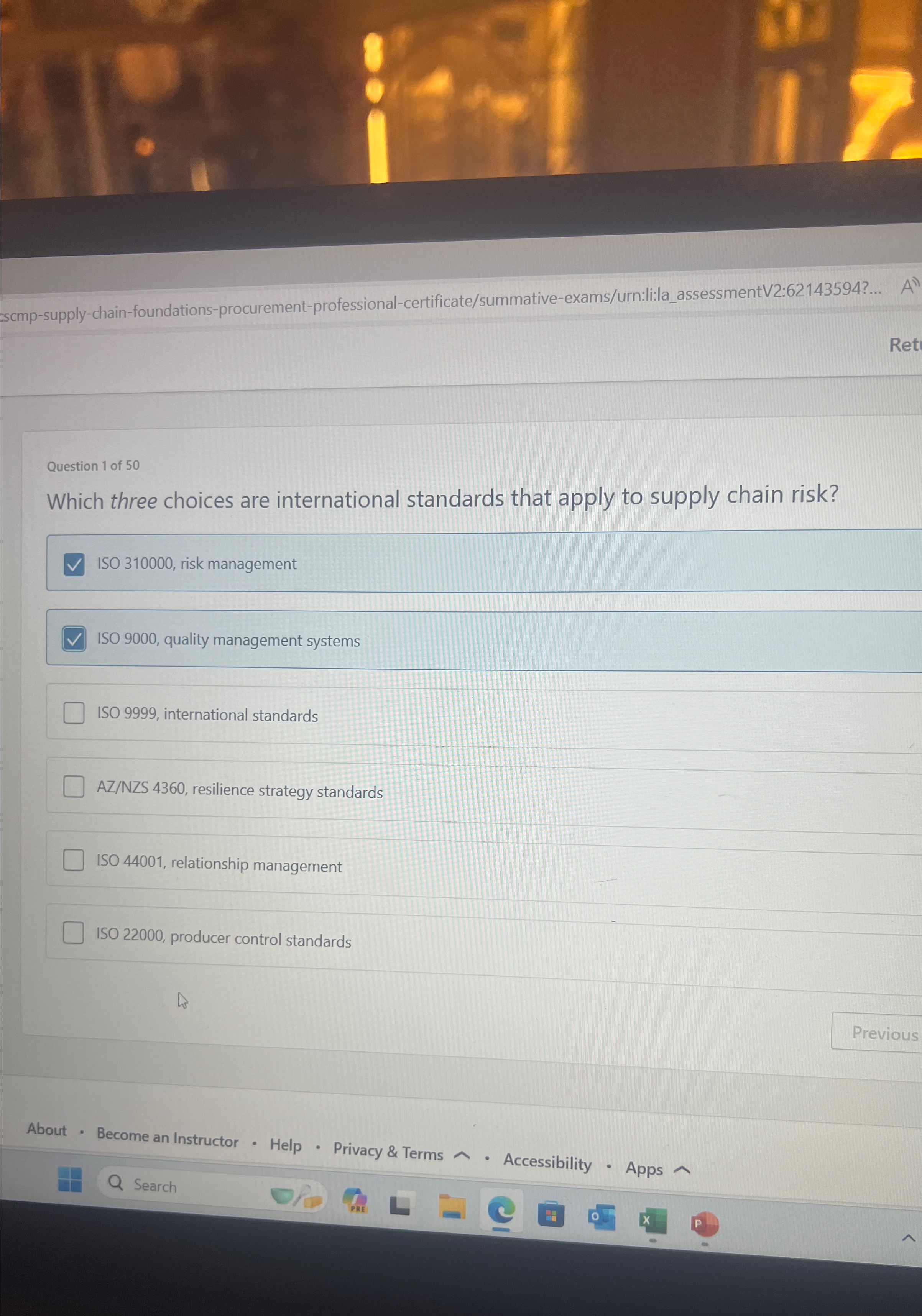  scmp-supply-chain-foundations-procurement-professional-certificate/summative-exams/urn:li:la_assessmentV2:62143594?... Question 1 of 50 Which three choices are international standards