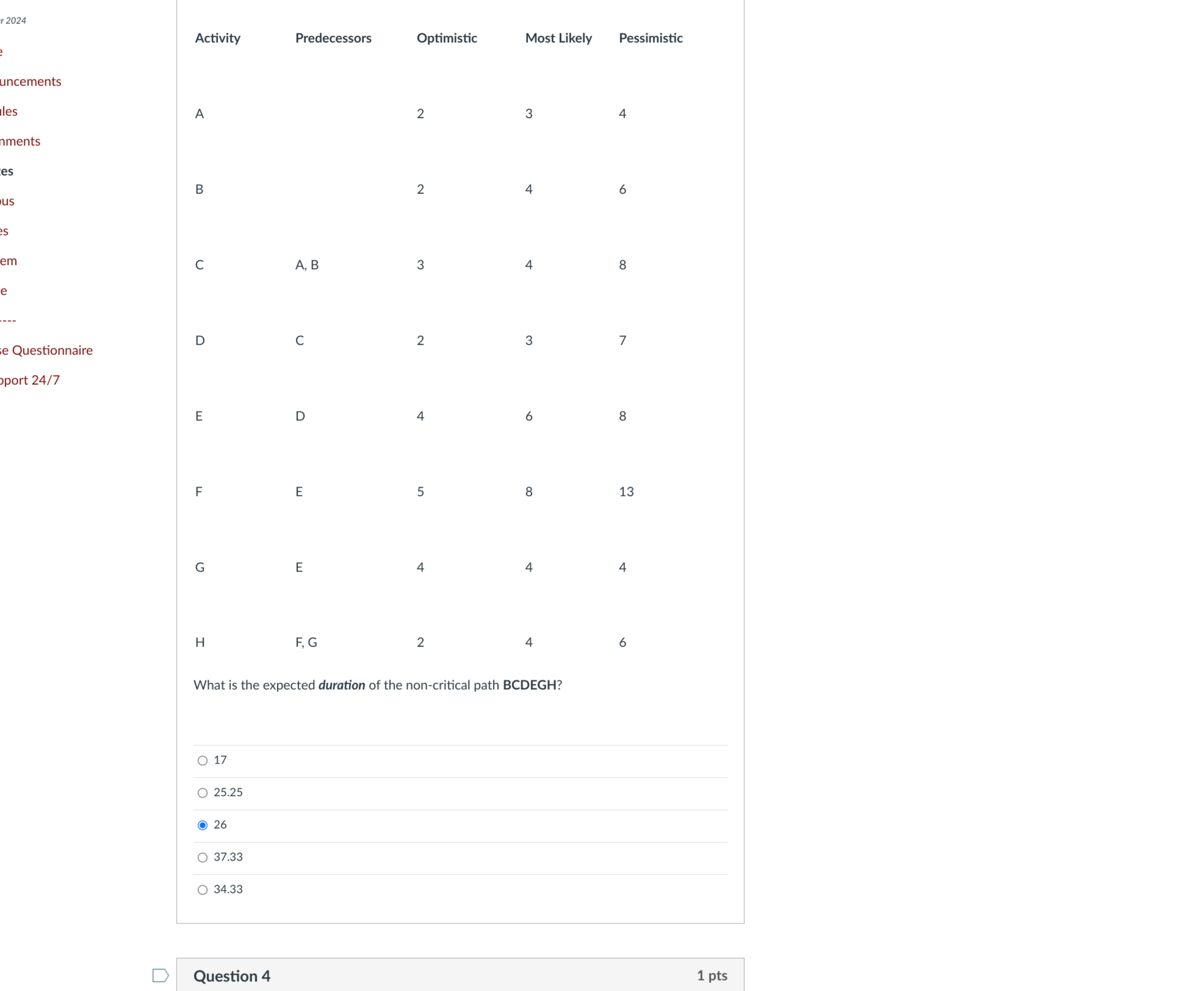  \table[[,Activity,Predecessors,Optimistic,Most Likely,Pessimistic],[\table[[les],[nments]]],[,B,,2,4,6],[,C,A, B,3,4,8],[e Questionnaire,D,C,2,3,7],[E,D,4,6,8],[F,E,5,8,13],[G,E,4,4,4],[H,F, G,2,4,6],[What is the expected duration of the