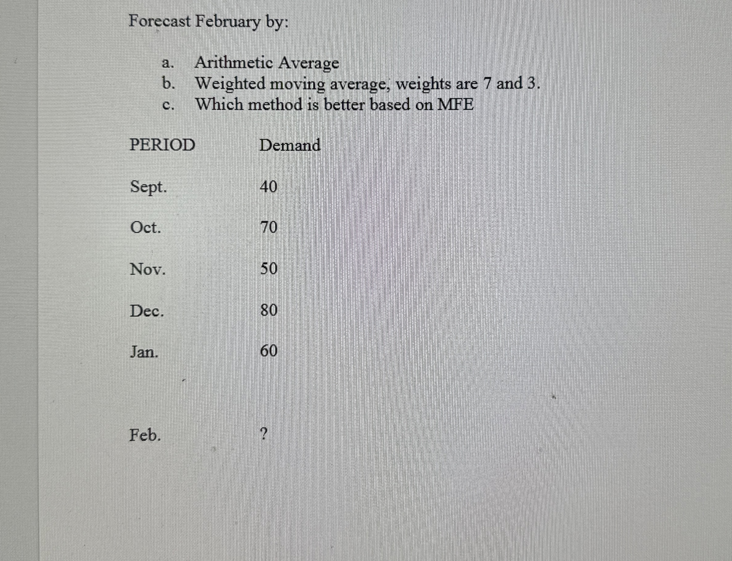  Forecast February by: a. Arithmetic Average b. Weighted moving average, weights