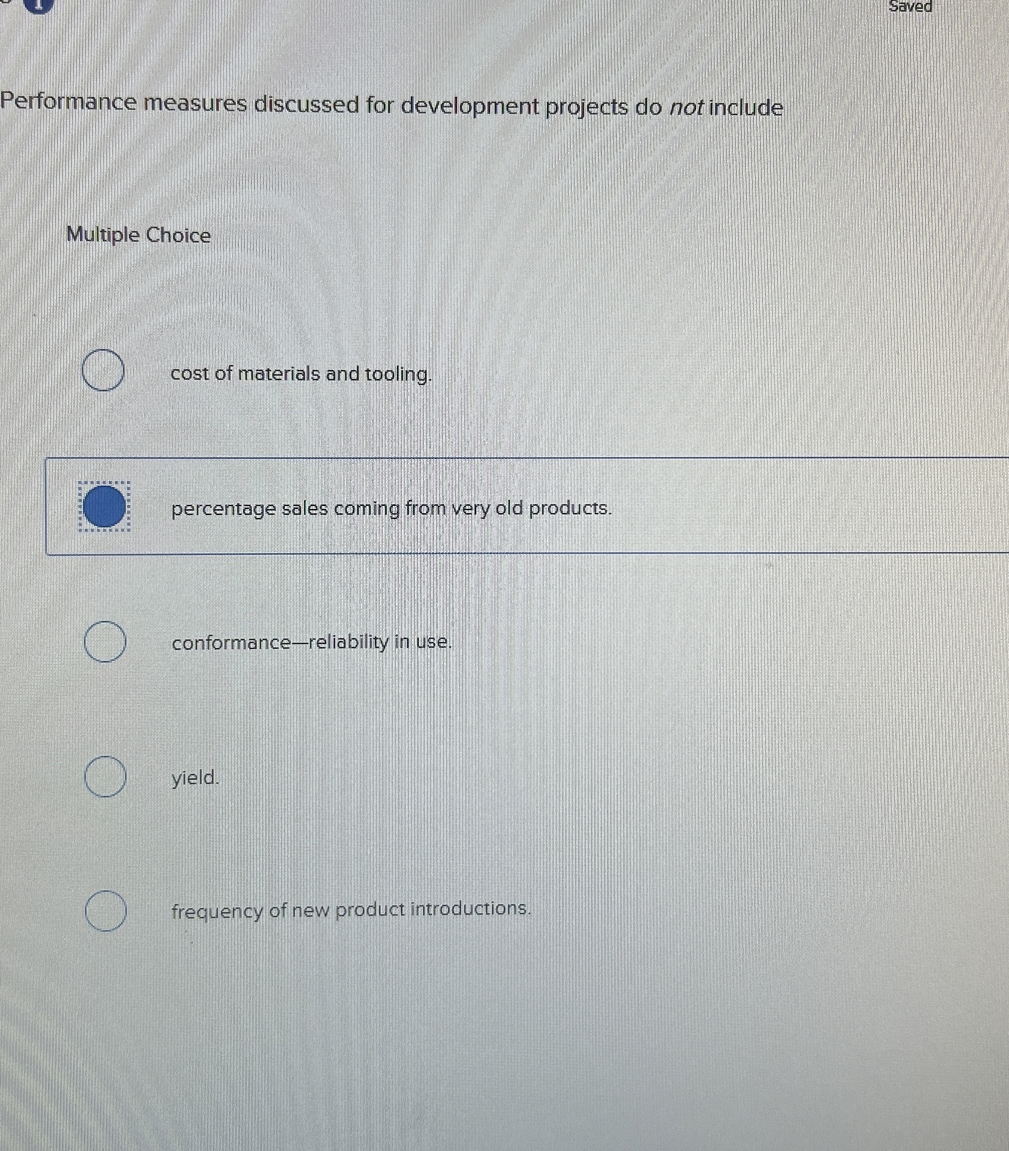  Saved Performance measures discussed for development projects do not include Multiple