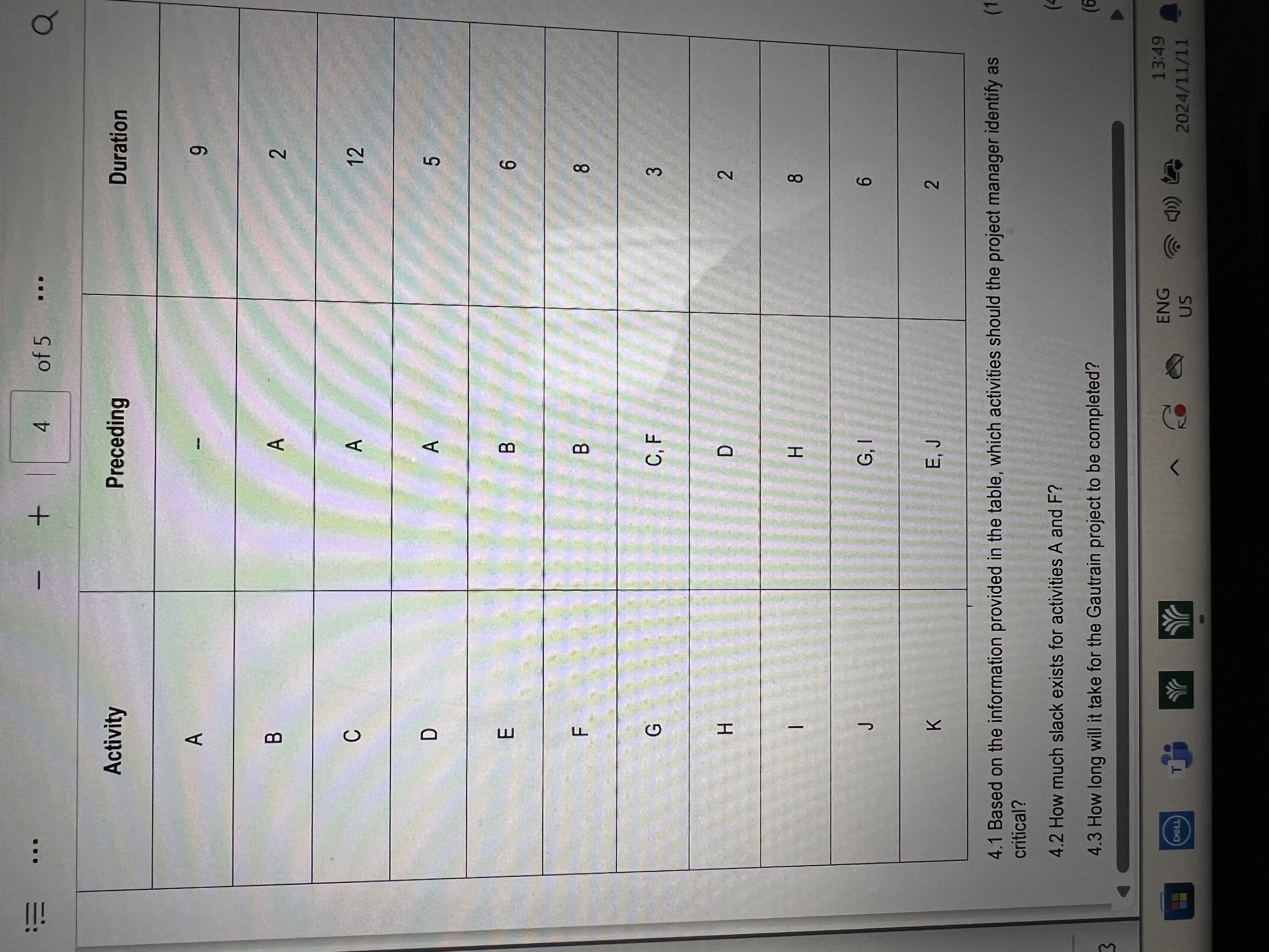  4 of 5 ... \table[[Activity,Preceding,Duration],[A,-,9],[B,A,2],[C,A,12],[D,A,5],[E,B,6],[F,C, F,8],[H,D,3],[I,H,8],[J,E, I,6],[K,E,,2]] 4.1 Based on the