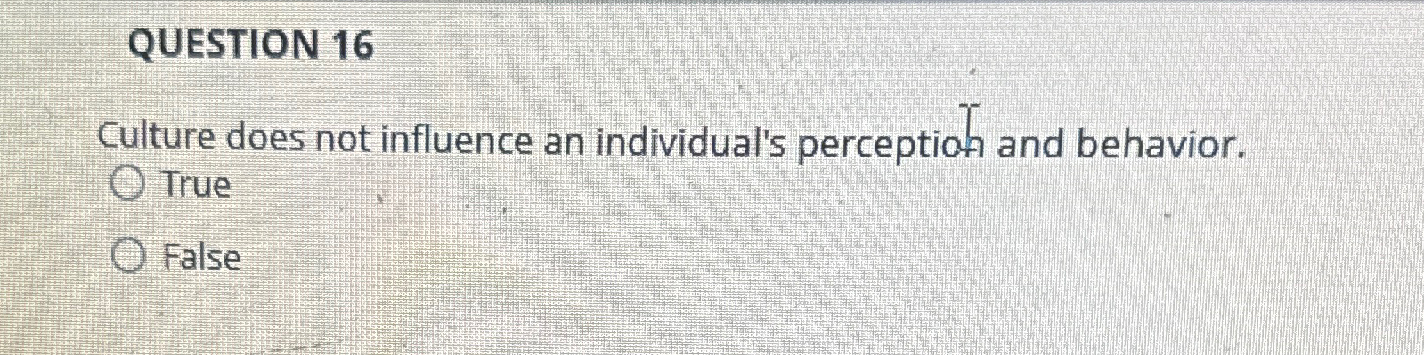  QUESTION 16 Culture does not influence an individual's perception and behavior.