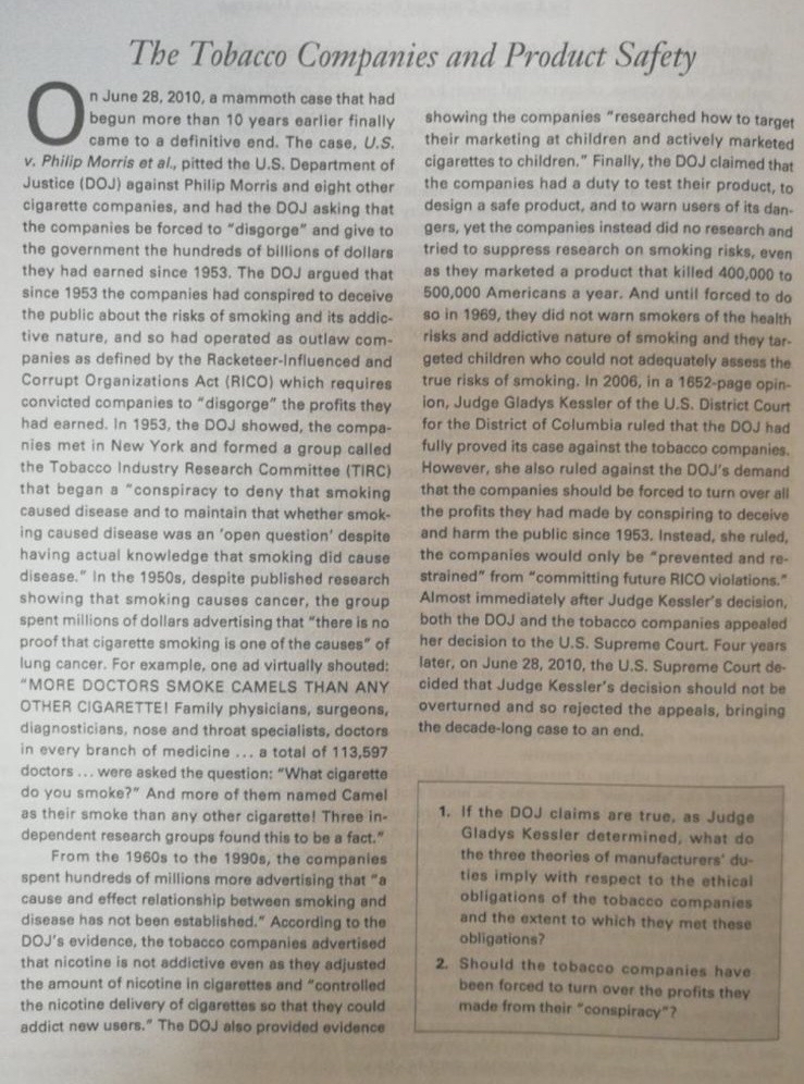  Answer Q1 and Q2 from the following case "The Tobacco Companies