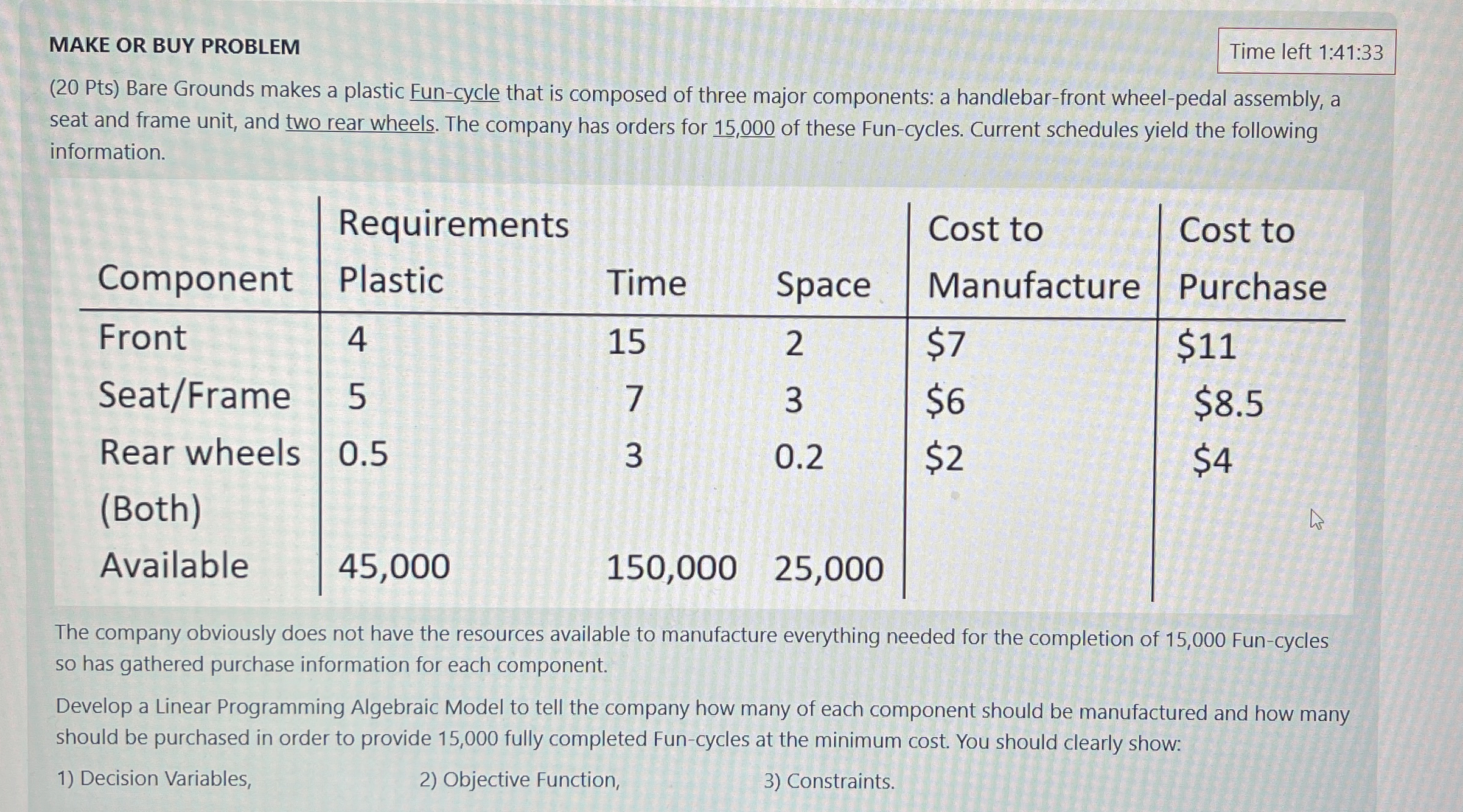  MAKE OR BUY PROBLEM Time left 1:41:33 (20 Pts) Bare Grounds