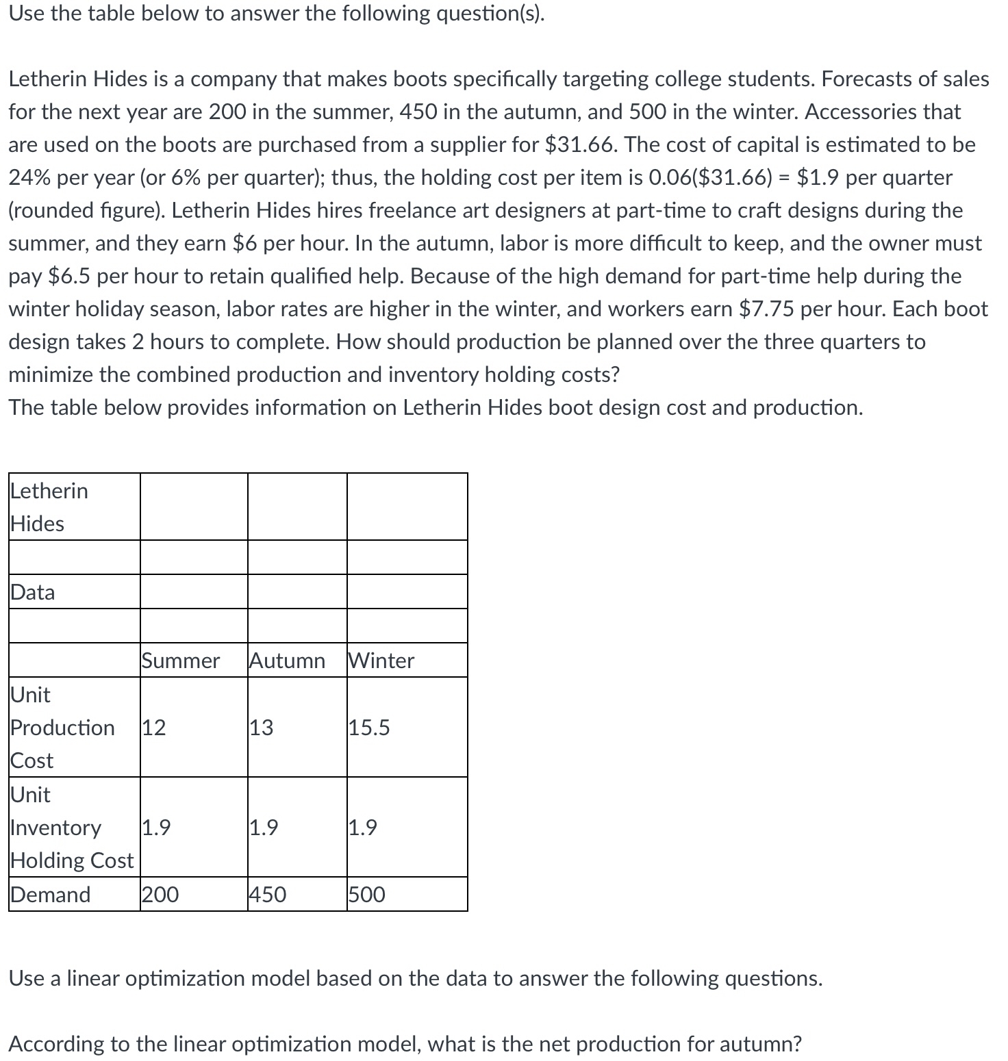  Use the table below to answer the following question(s). Letherin Hides