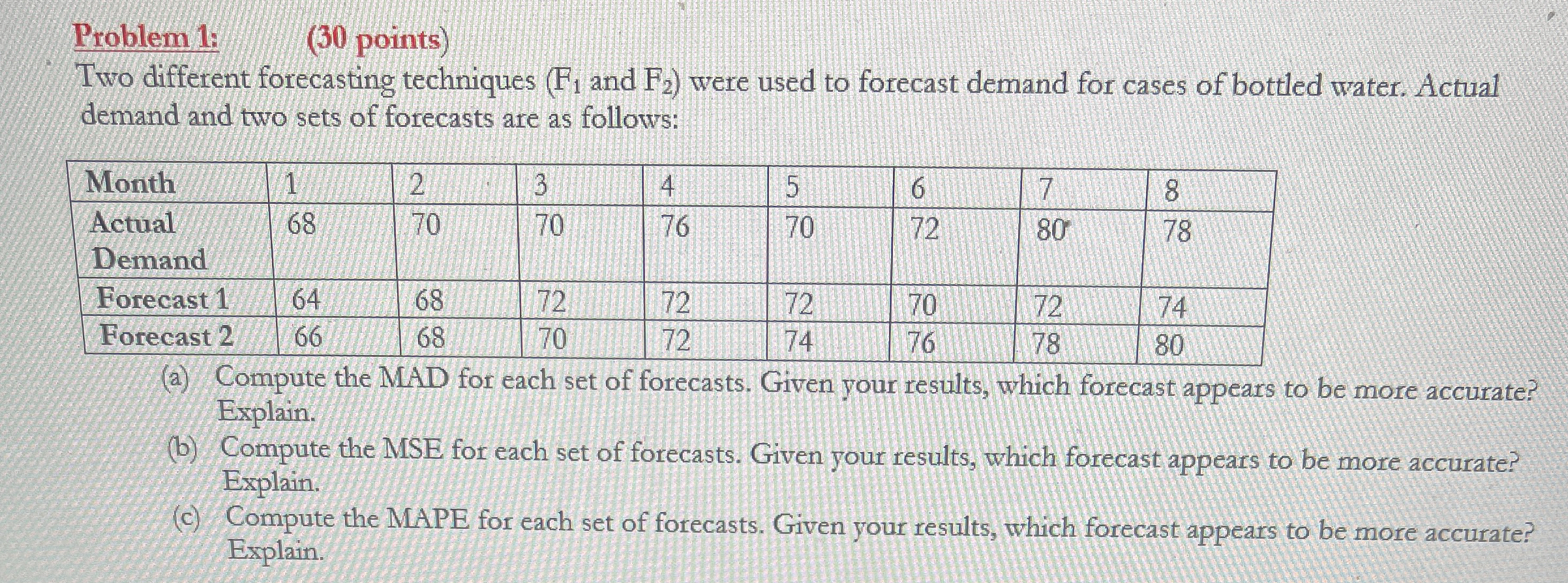  Problem 1: (30 points) Two different forecasting techniques (F1 and F2)
