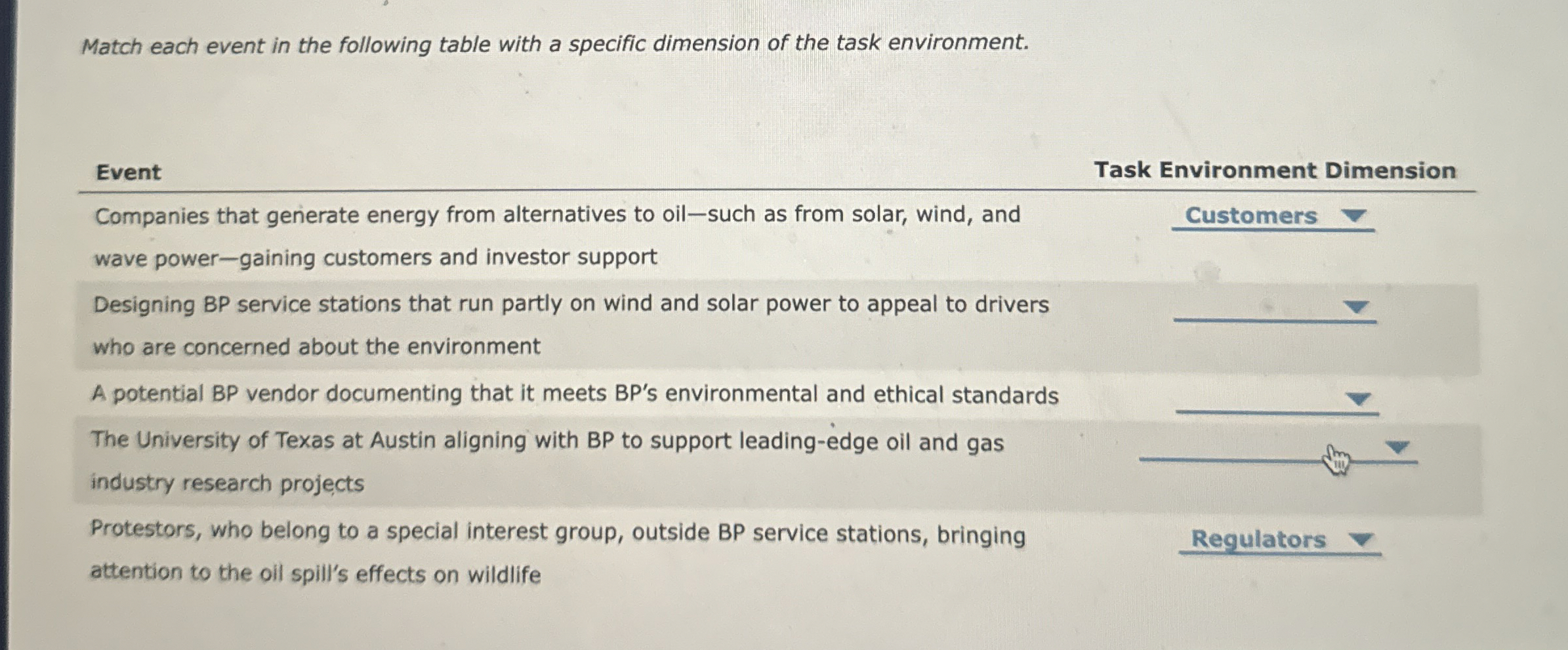  Match each event in the following table with a specific dimension