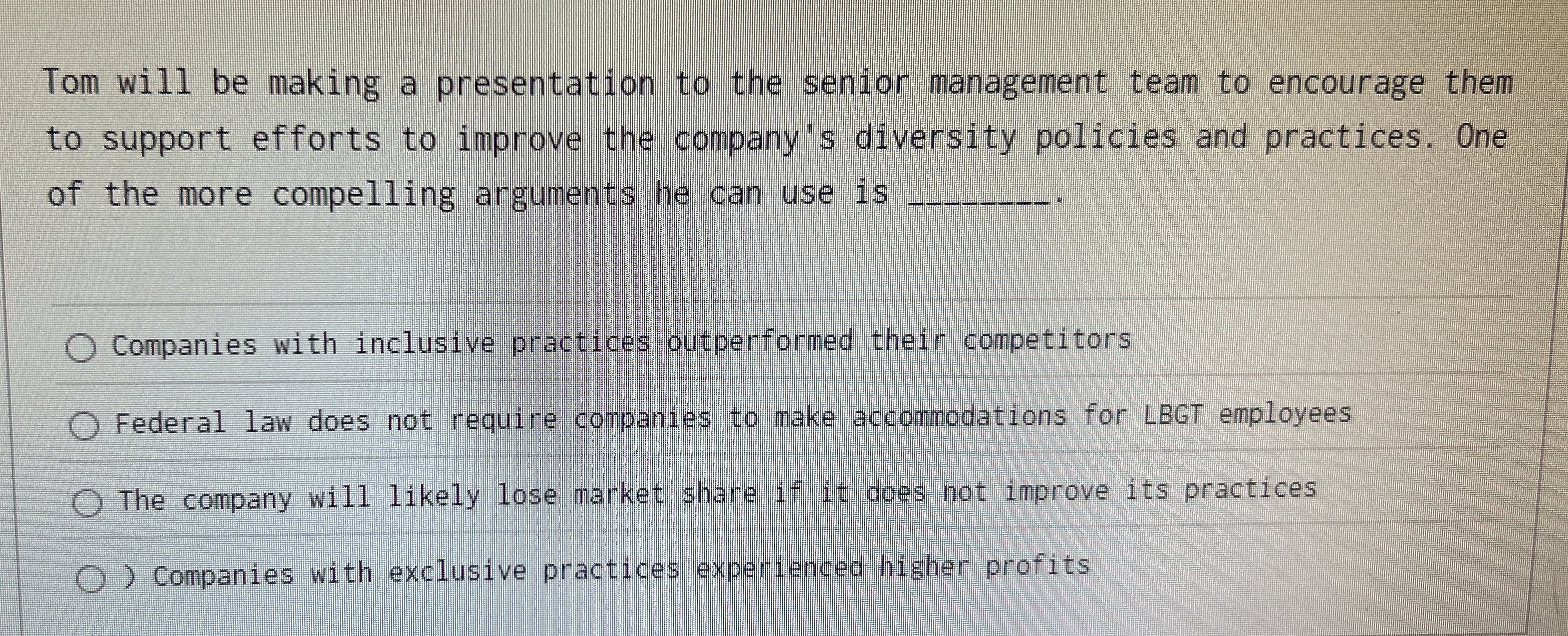  Tom will be making a presentation to the senior management team