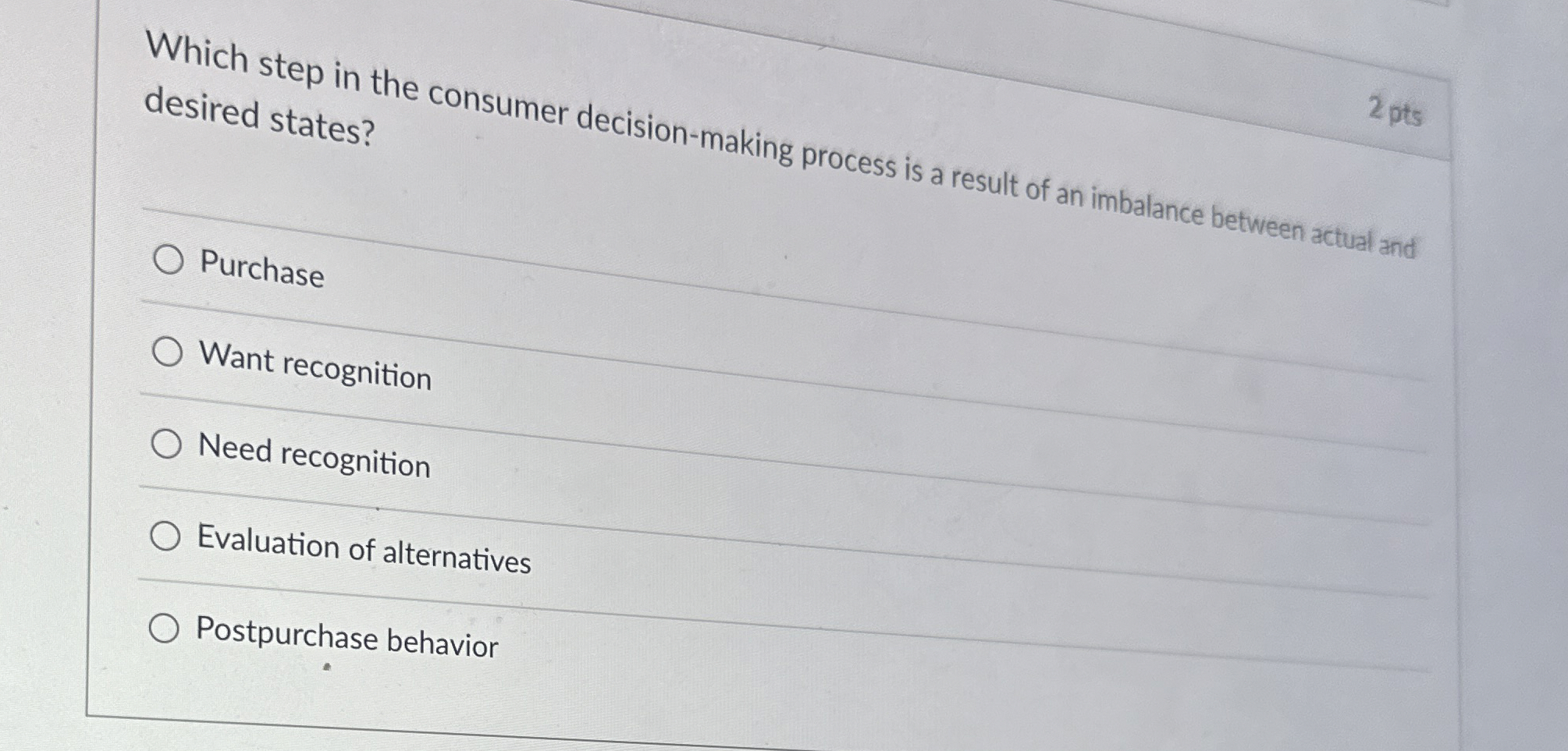  2 pts Which step in the consumer decision-making process is a