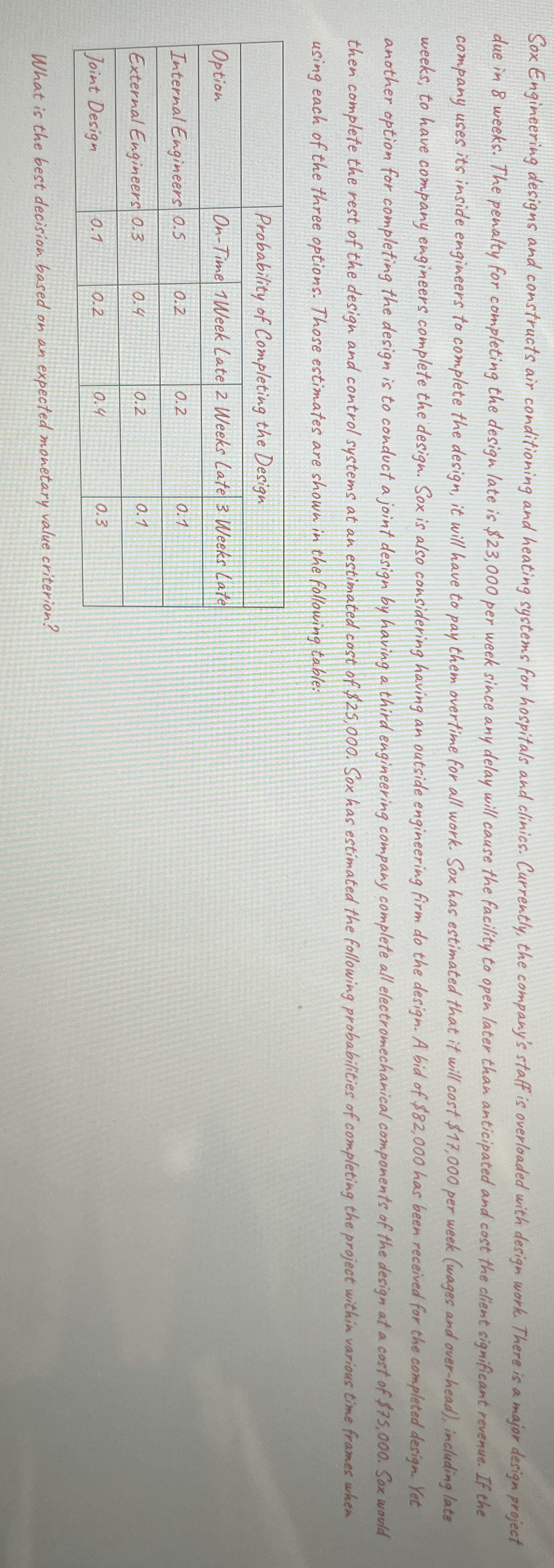  Please solve woth excel. Sox Engineering designs and constructs air conditioning