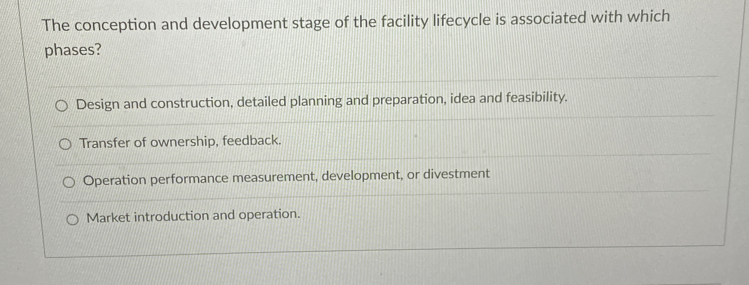  The conception and development stage of the facility lifecycle is associated