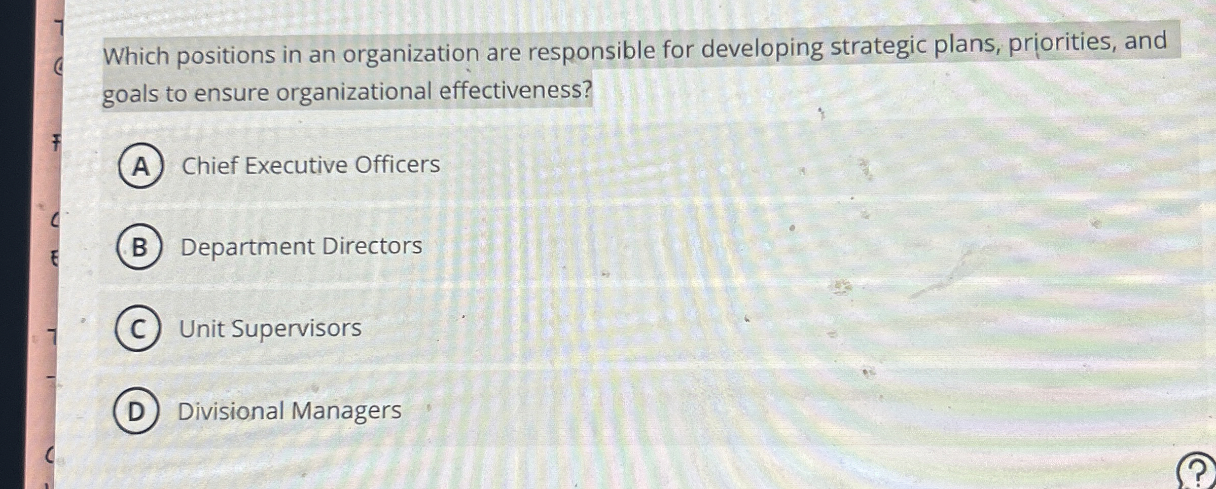  Which positions in an organization are responsible for developing strategic plans,