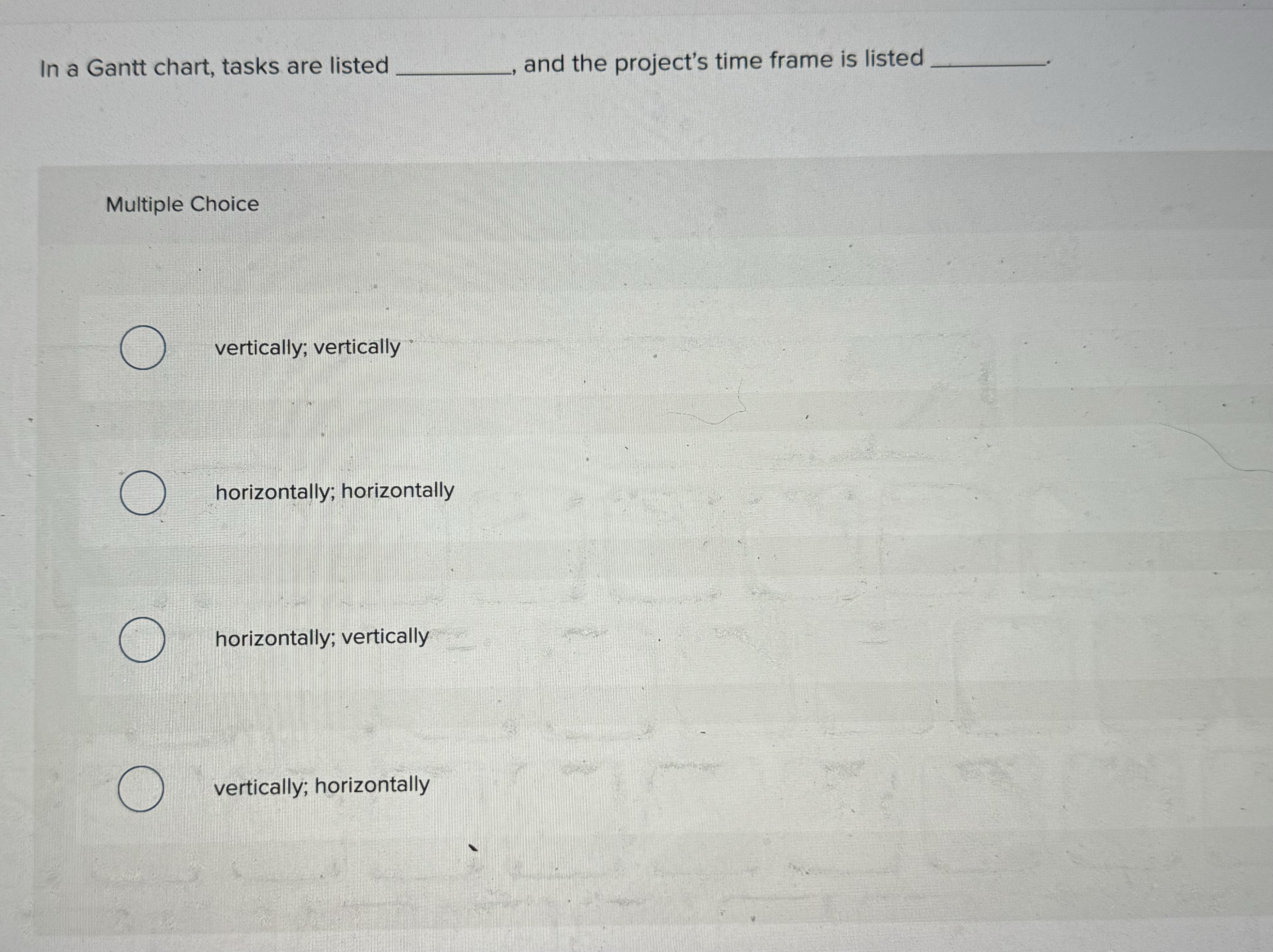  In a Gantt chart, tasks are listed _____, and the projects