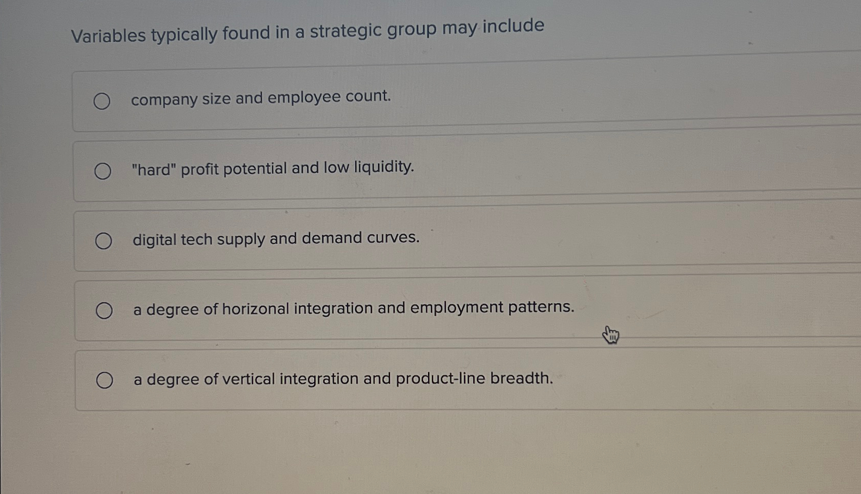  Variables typically found in a strategic group may include company size