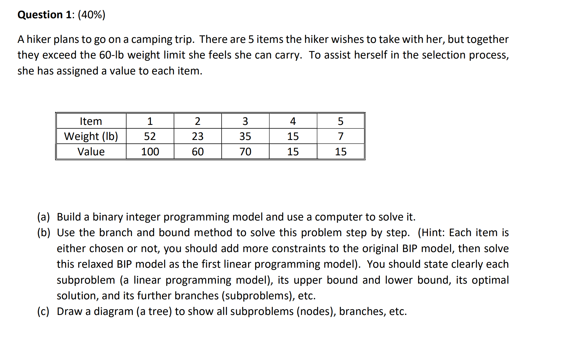  Question 1: (40\%) A hiker plans to go on a camping