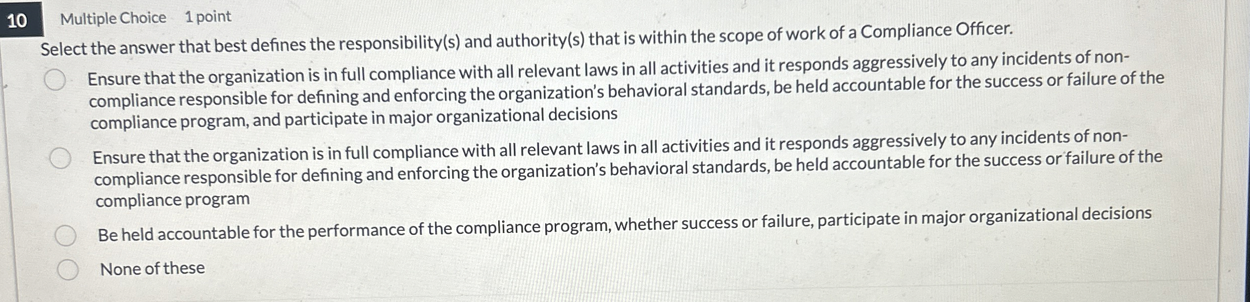  10 Multiple Choice 1 point Select the answer that best defines