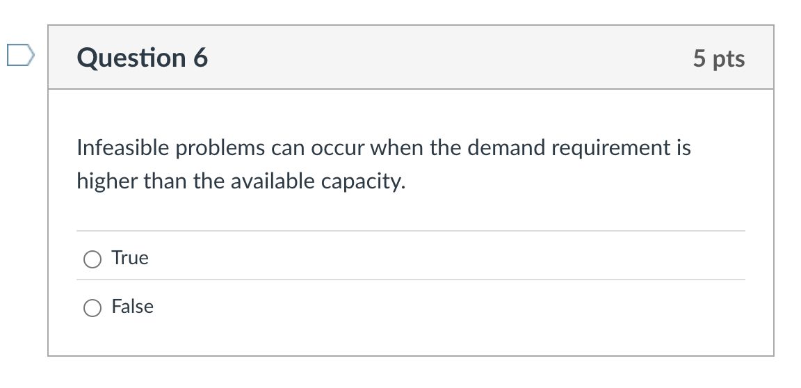  Question 6 Infeasible problems can occur when the demand requirement is