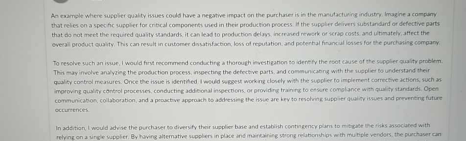  An example where supplier quality issues could have a negative impact
