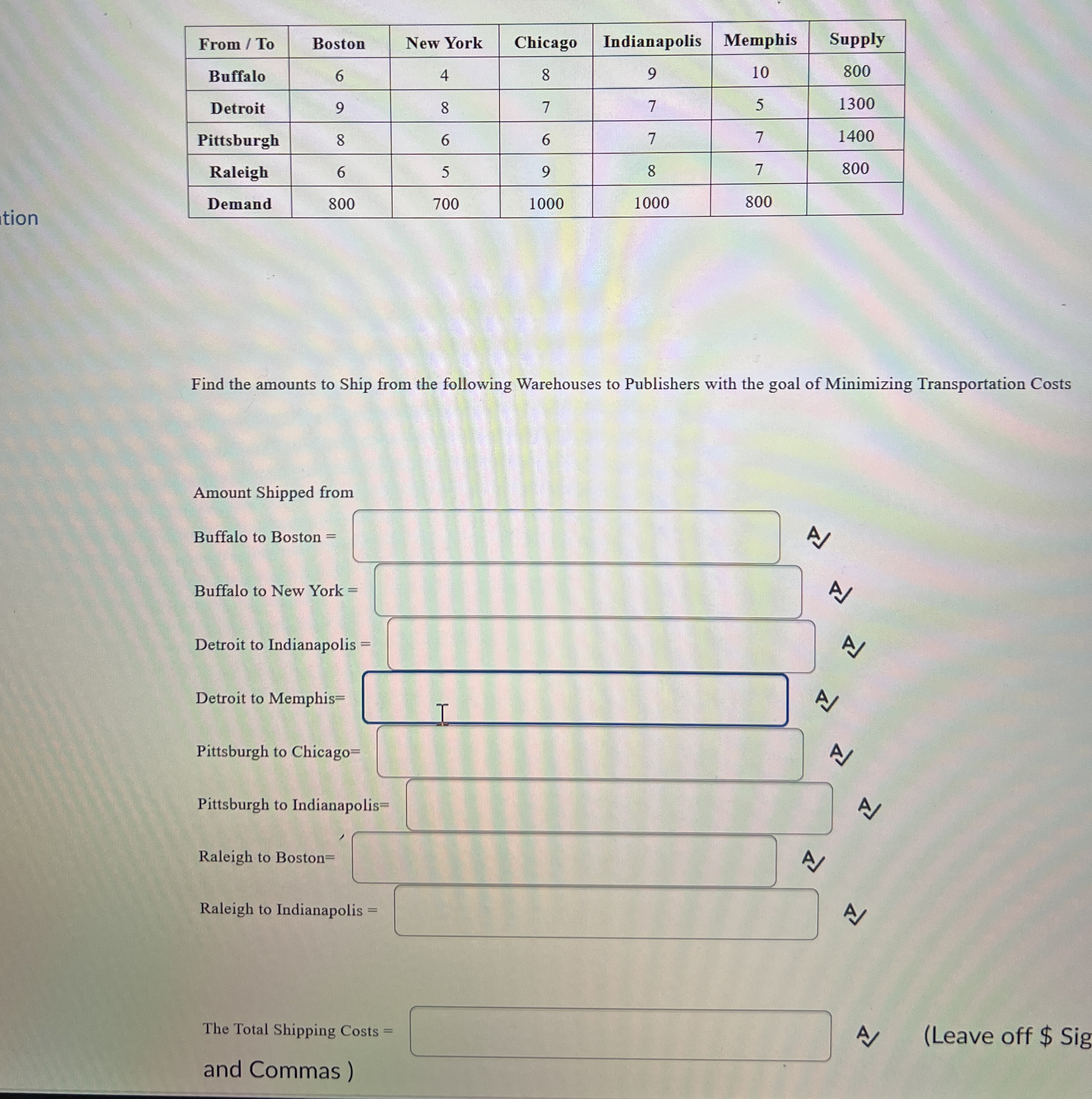  tion \table[[From / To,Boston,New York,Chicago,Indianapolis,Memphis,Supply],[Buffalo,6,4,8,9,10,800],[Detroit,9,8,7,7,5,1300],[Pittsburgh,8,6,6,7,7,1400],[Raleigh,6,5,9,8,7,800],[Demand,800,700,1000,1000,800,]] Find the amounts to Ship from
