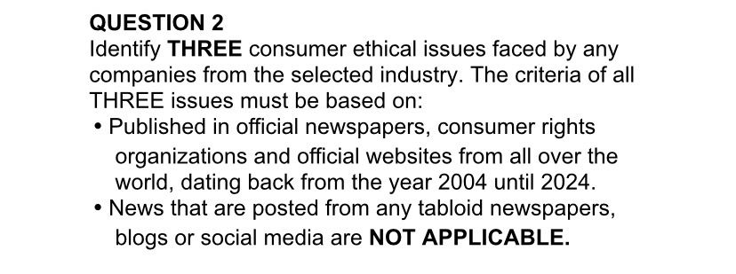  QUESTION 2 Identify THREE consumer ethical issues faced by any companies