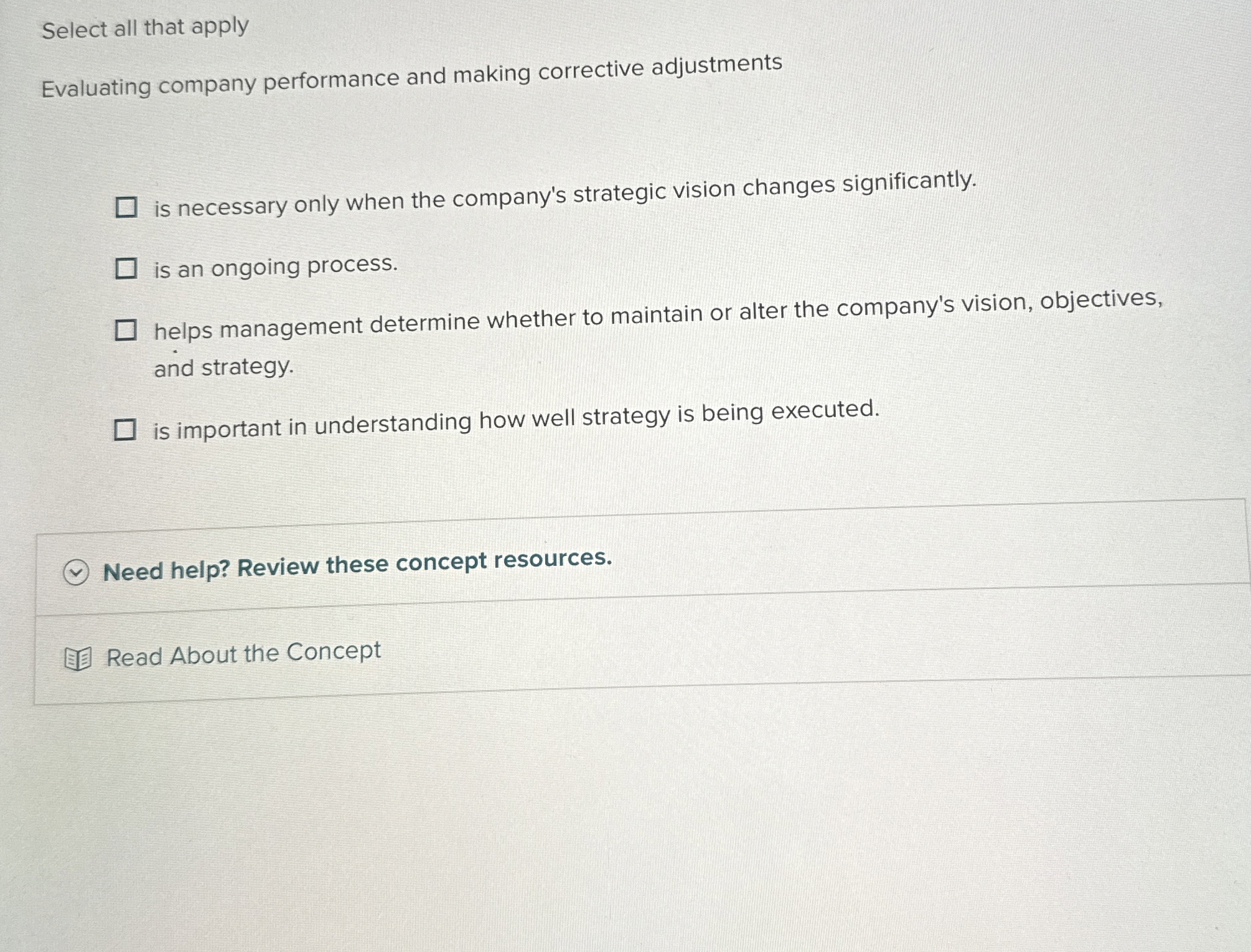  Select all that apply Evaluating company performance and making corrective adjustments