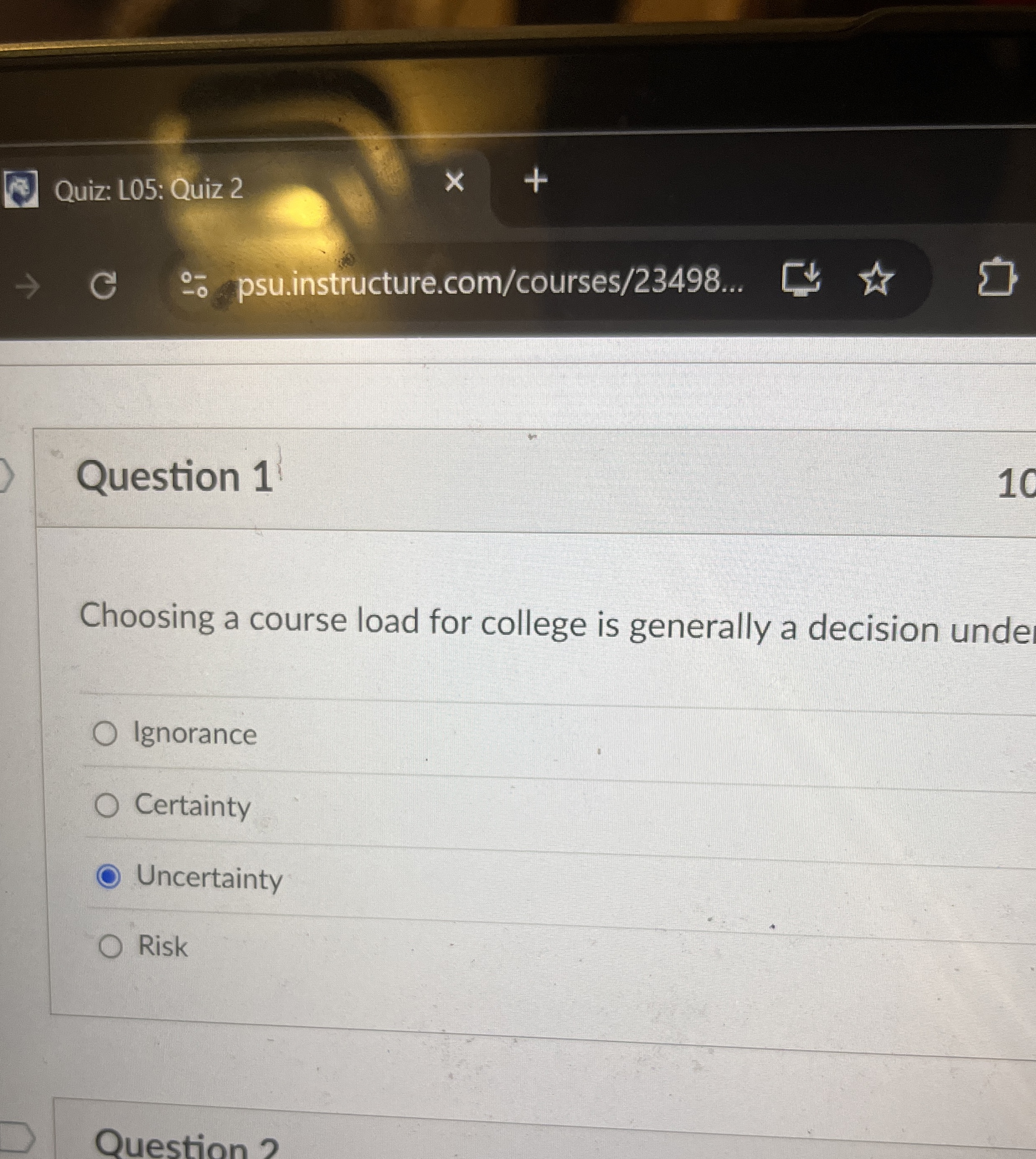  Question 1 Choosing a course load for college is generally a