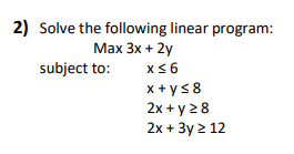  Solve the following linear program: Max 3x+2y subject to: x6 x+y8