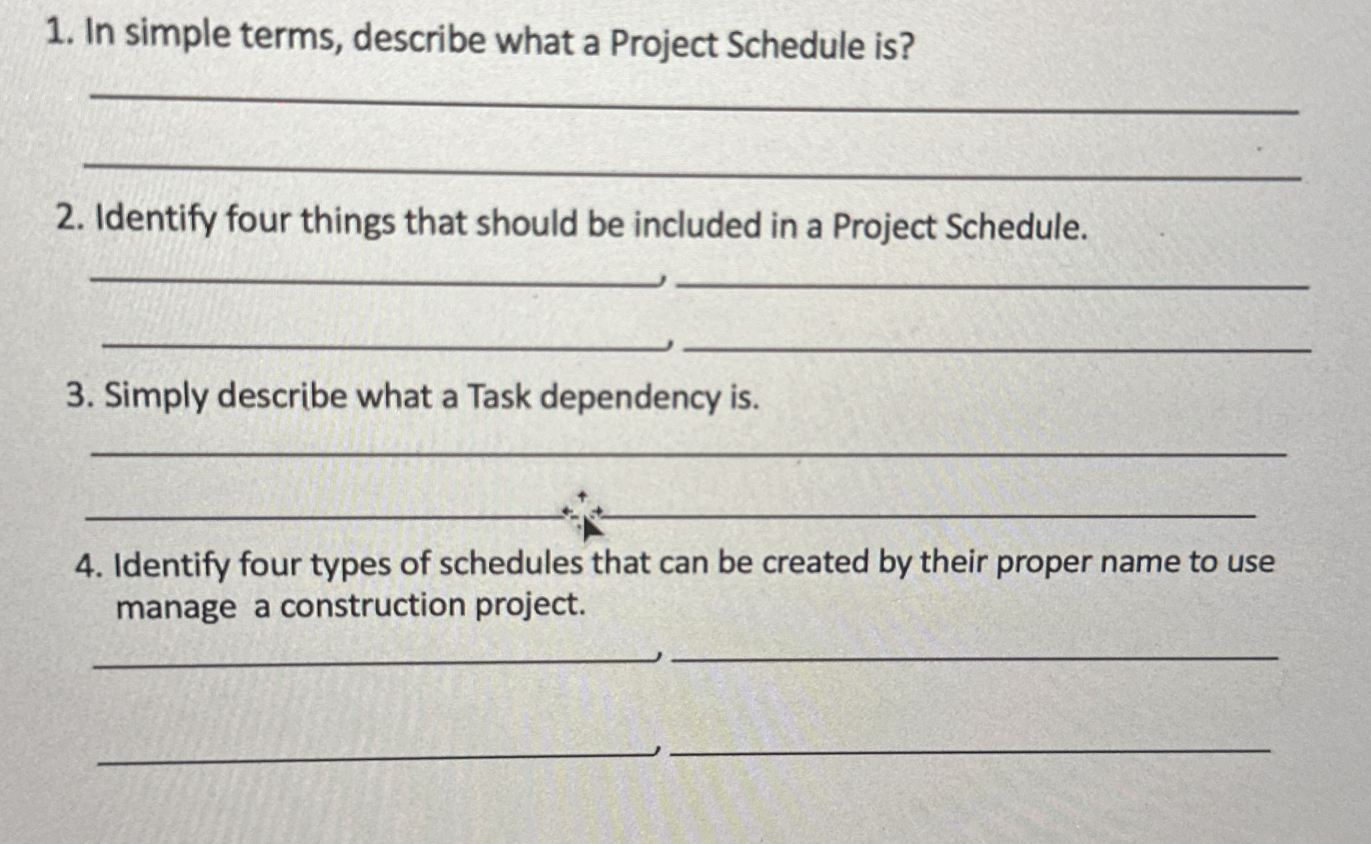  In simple terms, describe what a Project Schedule is? q, q,