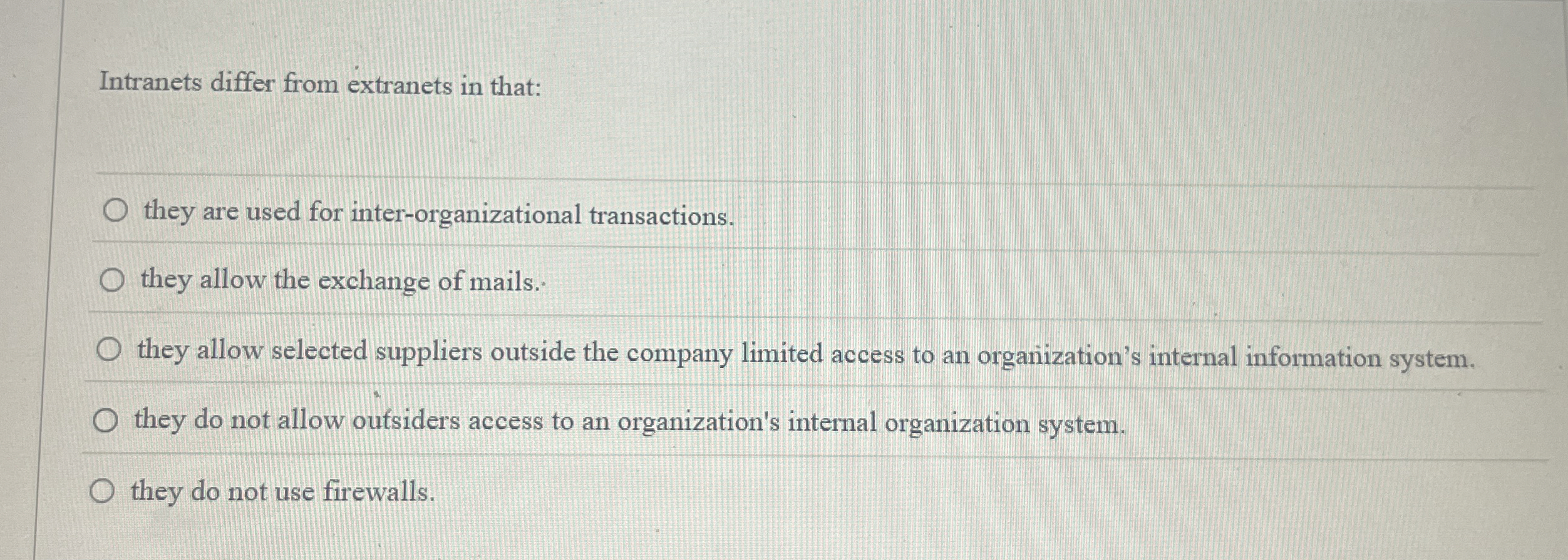  Intranets differ from extranets in that: they are used for inter-organizational